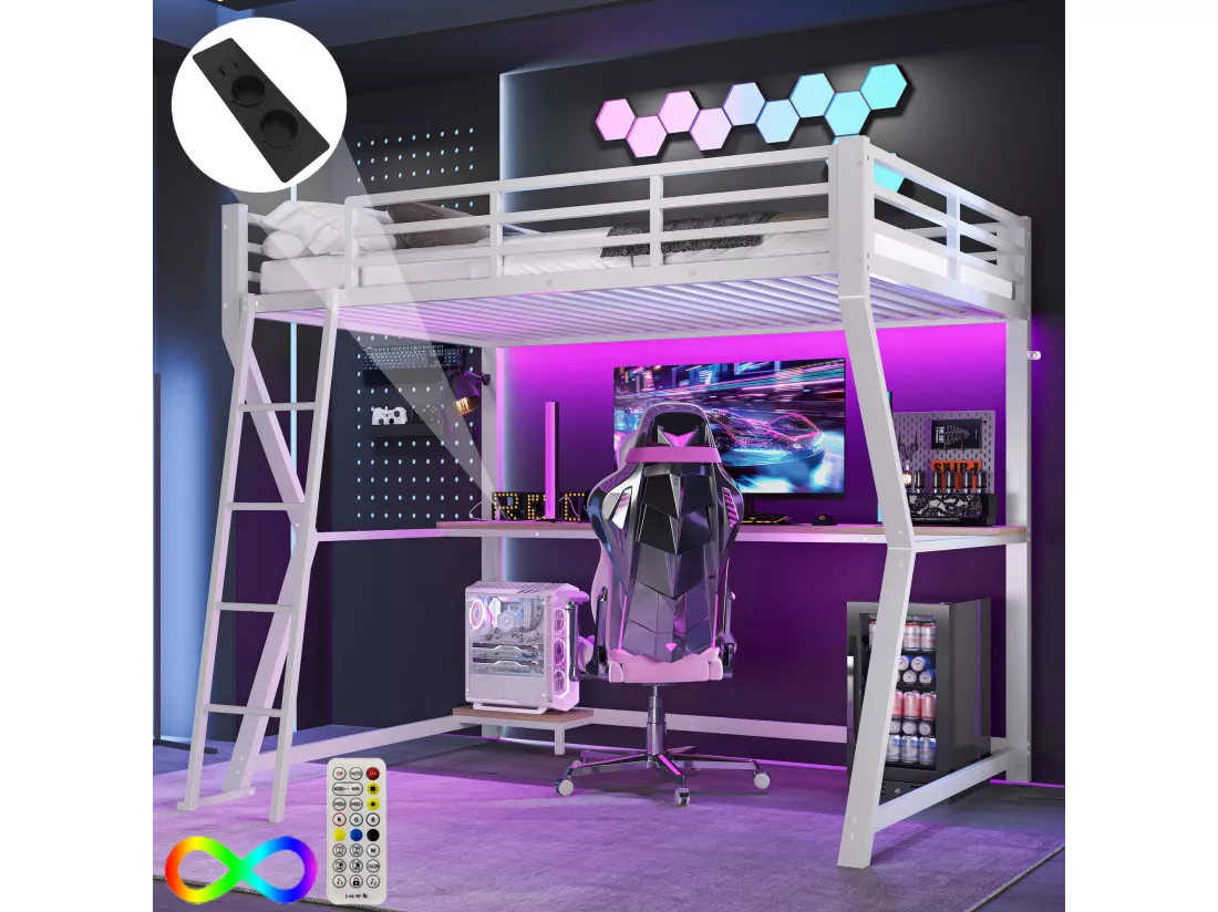 Lit mezzanine 90x200cm avec LED et prises - bureau + escalier - Blanc