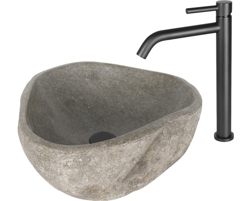 Opzetwastafel, Lombok, ca. 50 cm, natuursteen Riverstone, grijs mat, 36.102.03