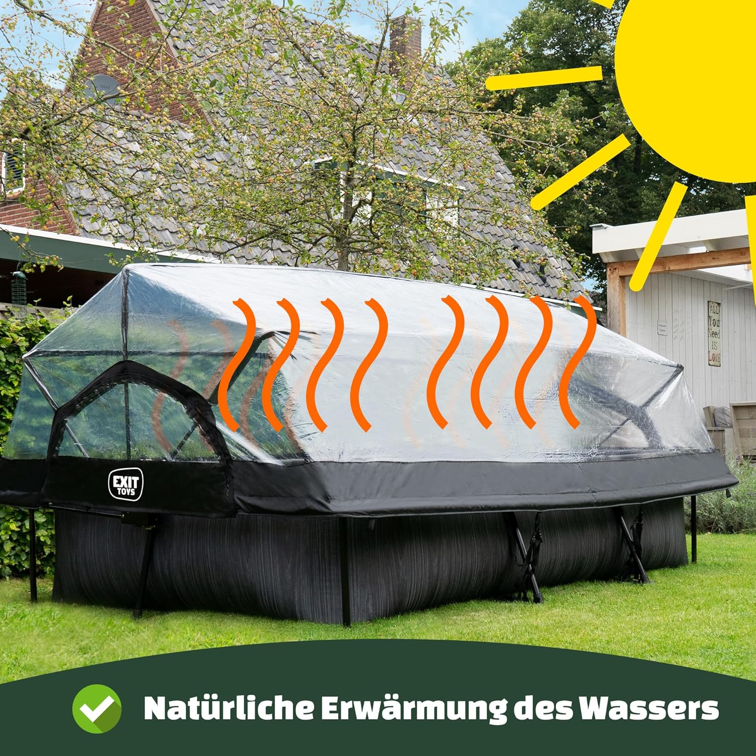 EXIT Toys Lime Pool mit Multifunktionale Abdeckung - 300x200x65cm - Rechteckiger, Kompakter Rahmenpool mit Kartuschenfilterpumpe - Leicht Zugänglich - Für Sauberes und Warmes Poolwasser - Grün