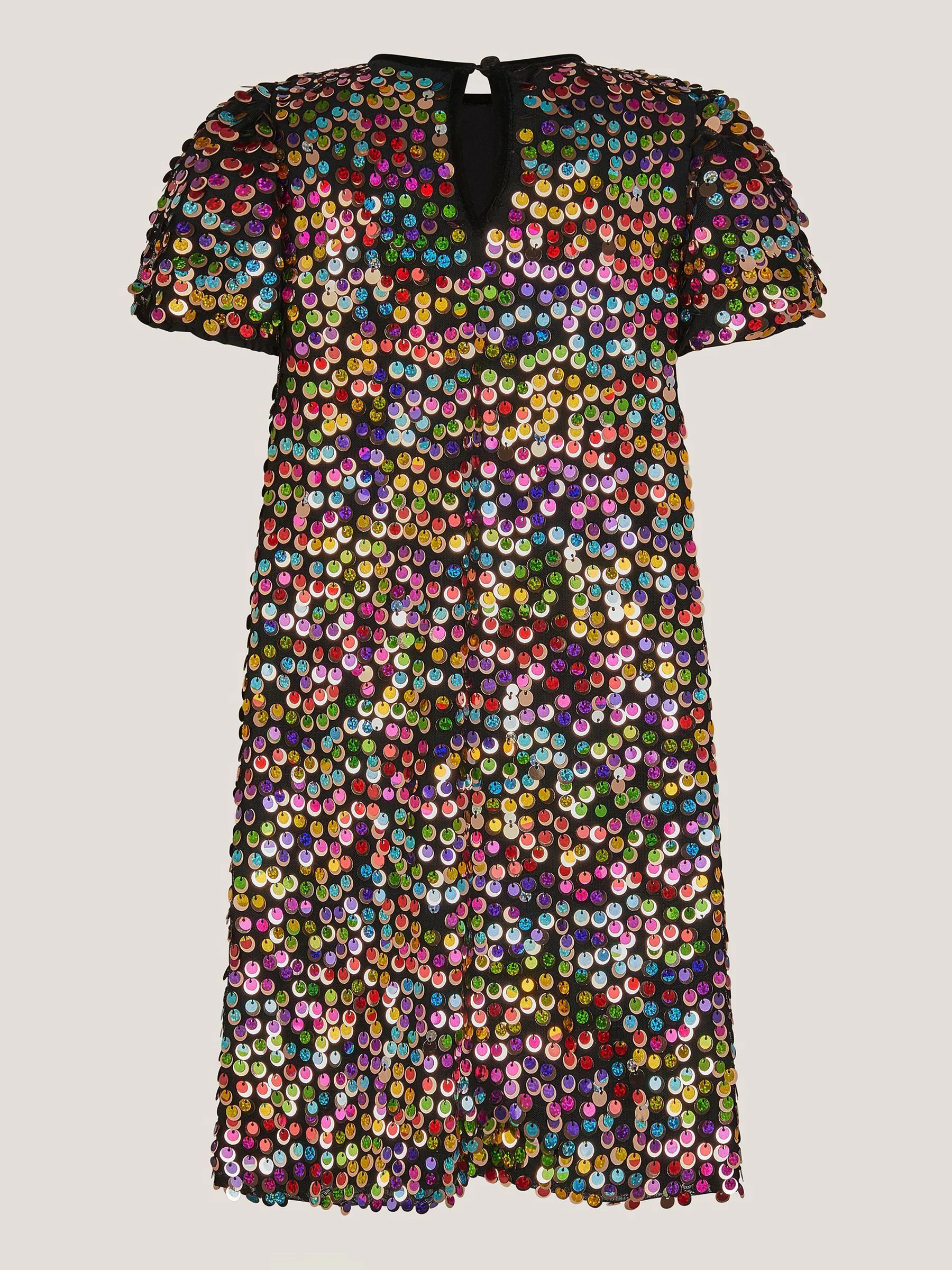Monsoon Rainbow Sequin Puff Sleeve Dress