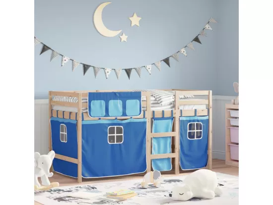 Lit mezzanine enfants avec rideaux sans matelas bleu 90x190 cm