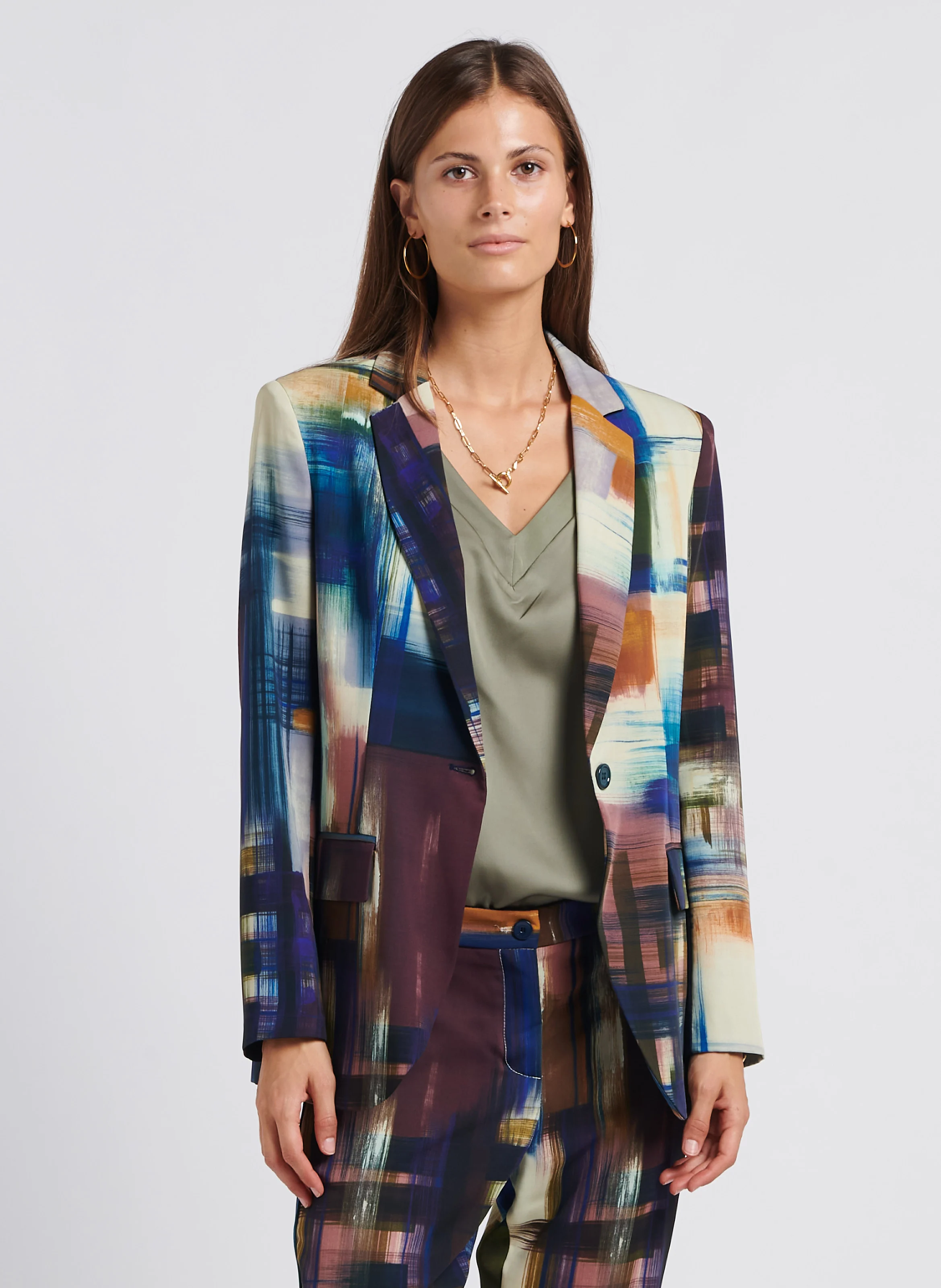 Veste tailleur droite à motif peinture | Bleu