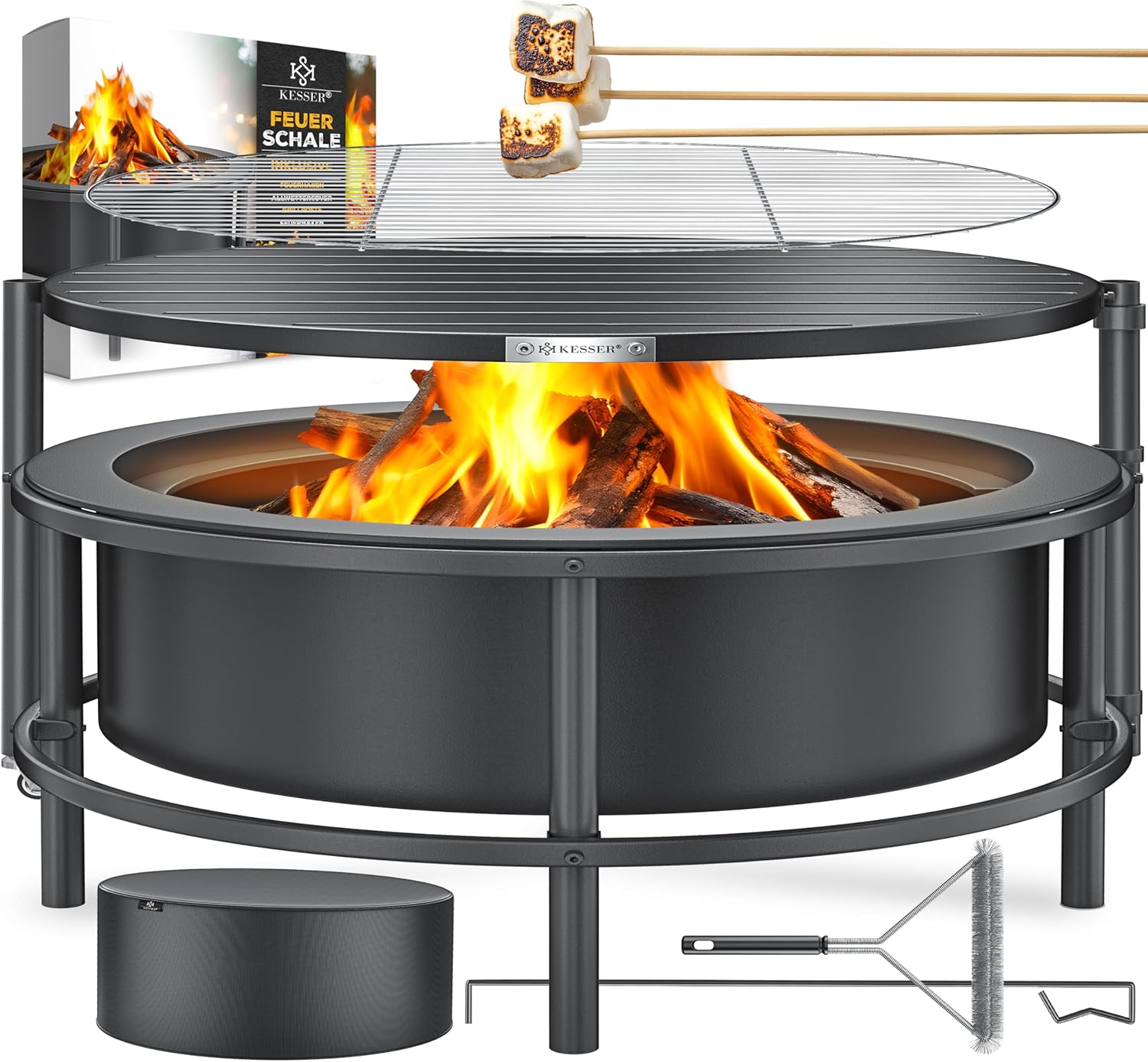 KESSER® Feuerschale mit Grillrost Ø65cm Feuerkorb 0,6mm Kaltveredelter Stahl | Mobile Feuertonne mit Reifen | Holz & Kohle Feuerstelle inkl. 60cm Feuerhaken aus Gusseisen, Ø52cm, Bürste & Cover