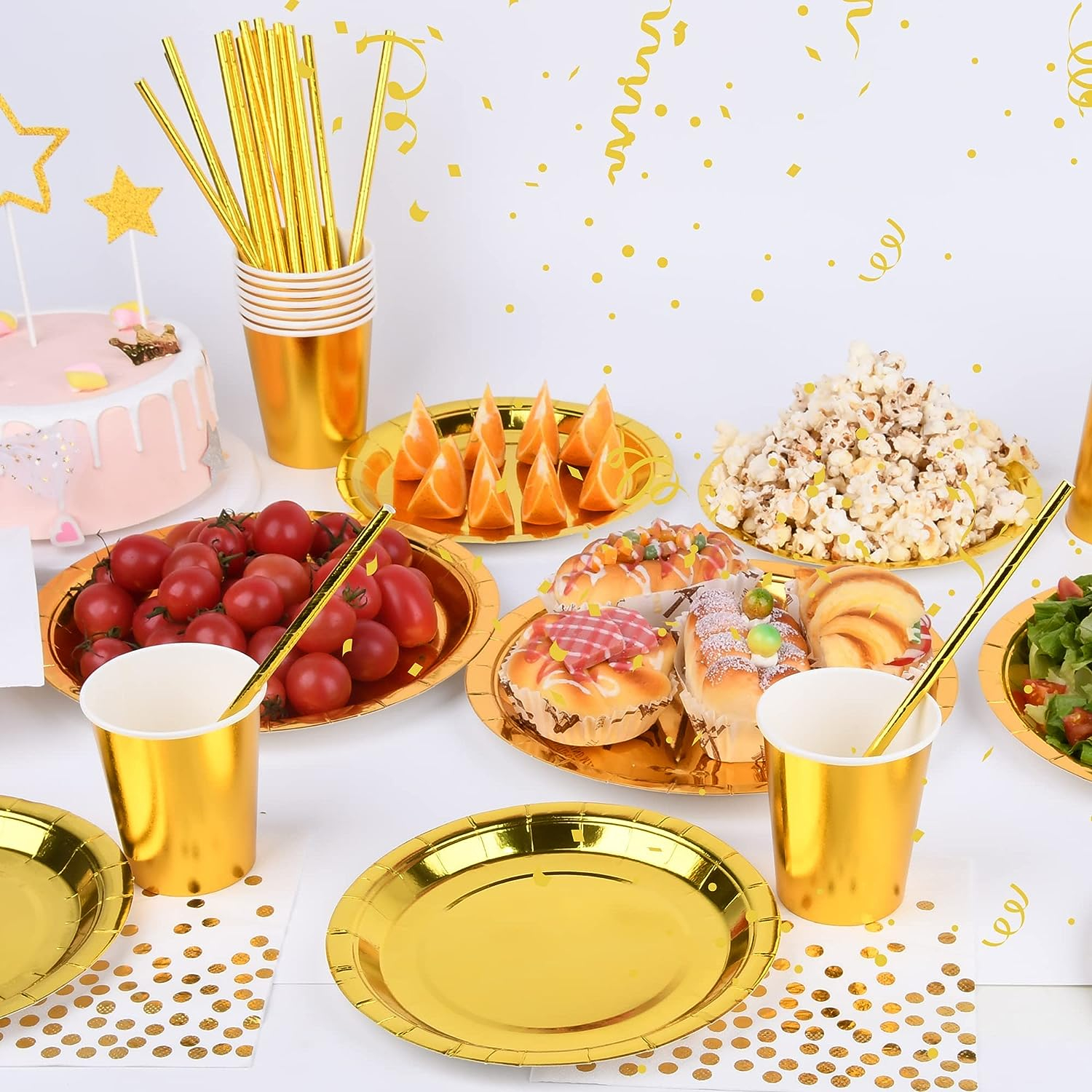 (125-tlg. Set) Einweg Geschirr Party Tisch Deko inkl. Teller / Servietten / Strohhalme / Papp Becher - Weiss / Gold
