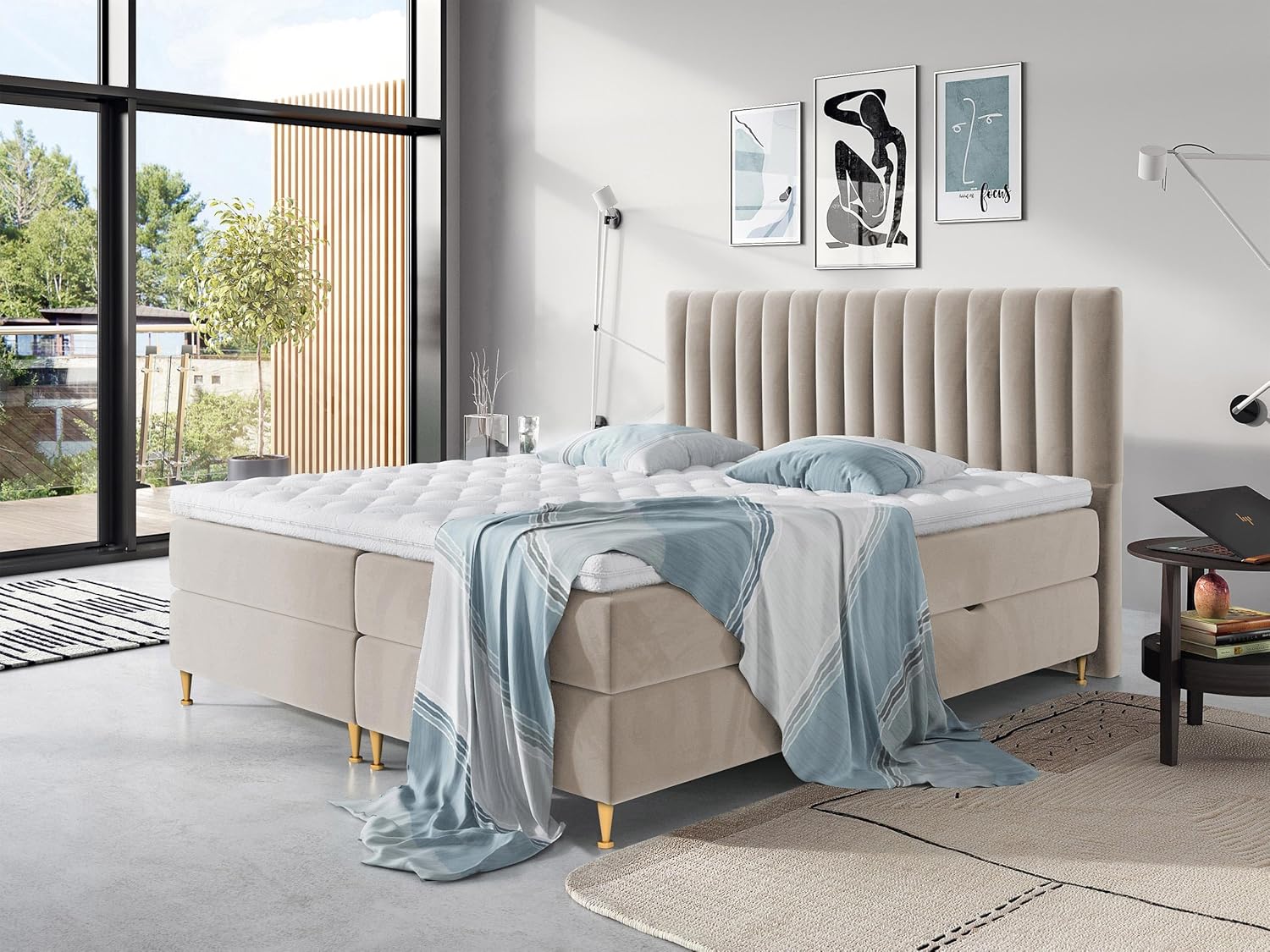 Mirjan24 Boxspringbett Nerpa, Doppelbett mit Topper und Matratze, Polsterbett mit 2 Bettkästen + Gasdruckfedern, Bett mit Kopfteil, Bettgestell für Schlafzimmer (Fresh 01, 160 x 200 cm)