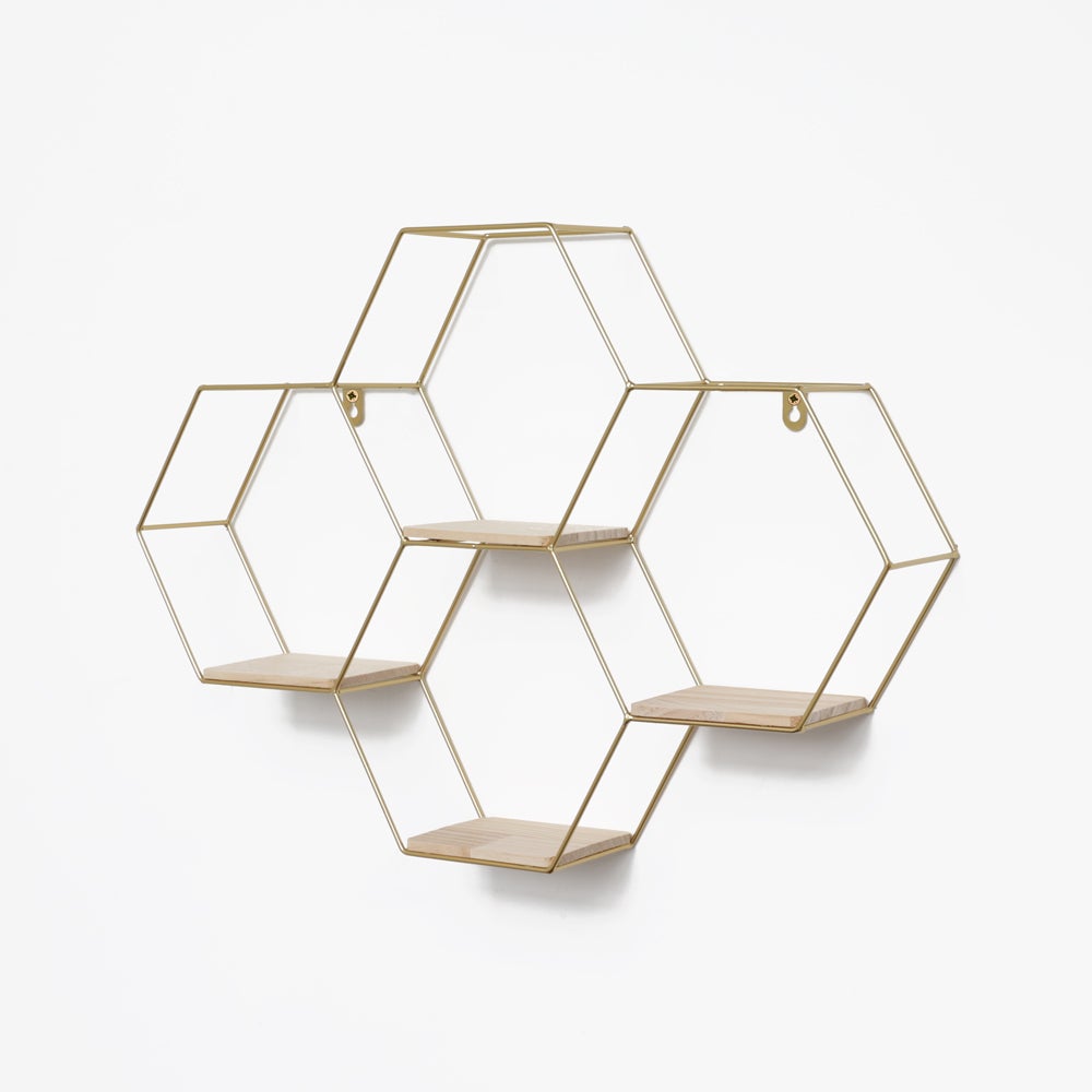 Vier zeshoekige metalen wandplanken - 40,5 x 58 cm - Goud