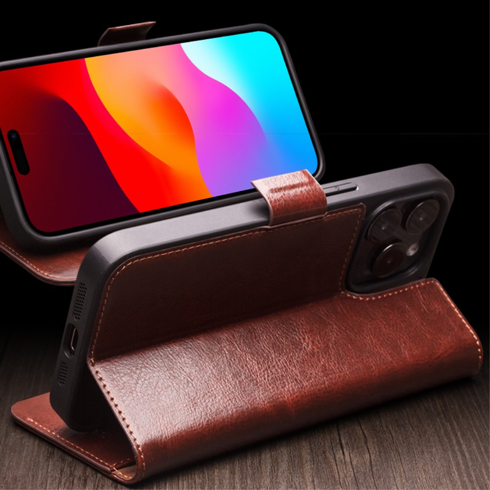 iPhone 15 Pro Echtleder Tasche Flip Wallet Cover mit Kartenfächer - Braun