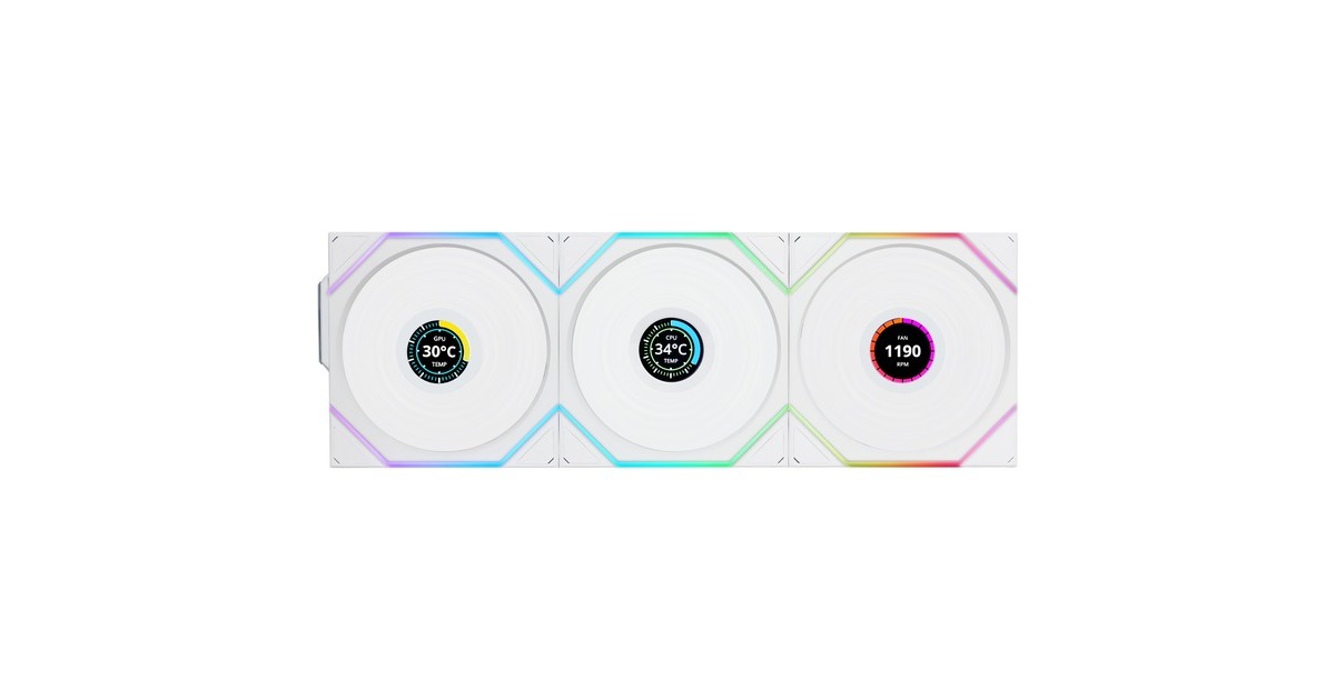Lian LiUNI FAN TL 120 LCD Wireless RGB case fans  (Wit, 3 stuks, 120 x 124 x 28 mm, PWM, 1x 9-pin USB, incl. controller)