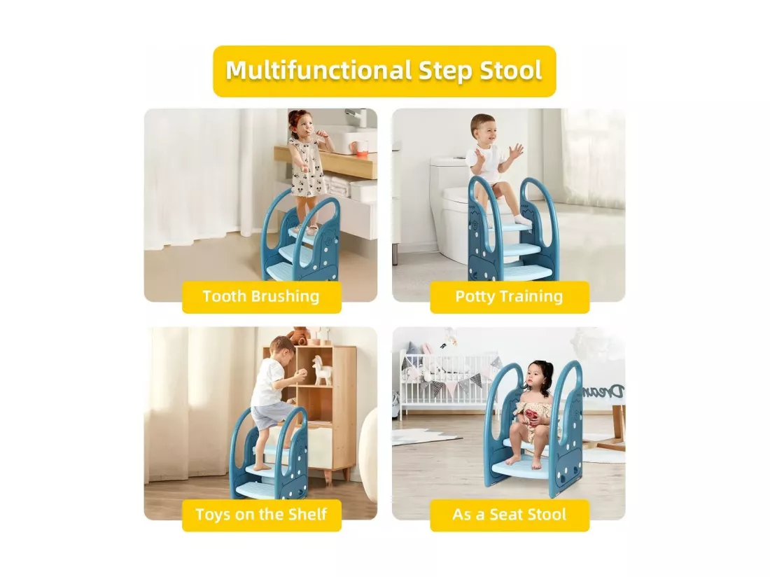 Marchepied Enfant 3 Marches Antidérapant pour Apprentissage de la propreté, Tabouret Bébé Bleu, Structure Triangulaire, Rehausseur Stable