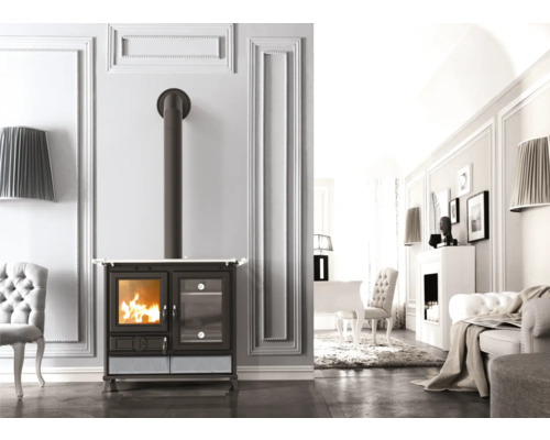 Thermorossi Margherita Evo 12,1 kW vaste brandstofkachel met natuursteen en gietijzeren kookplaat