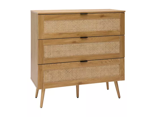 Commode finition bois clair, cannage en rotin et métal noir 3 tiroirs L100 cm MANILLE
