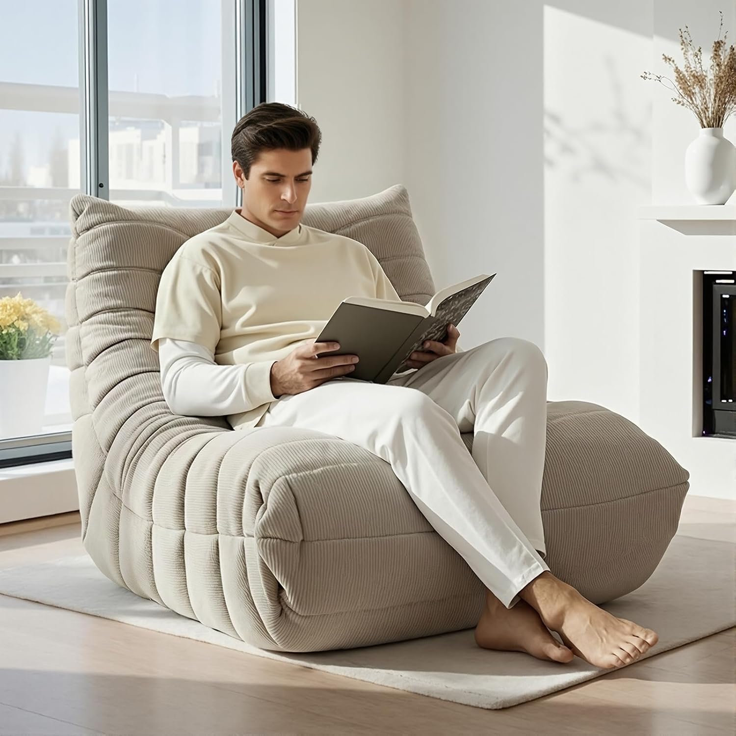 Hochdichtem Foam Sitzsack Sofa, Bodensofa aus Chenille Stoff mit Rückenlehne, Lesesessel für den Innenbereich, Lazy Sofa für Wohnzimmer & Schlafzimmer (Haferbeige)