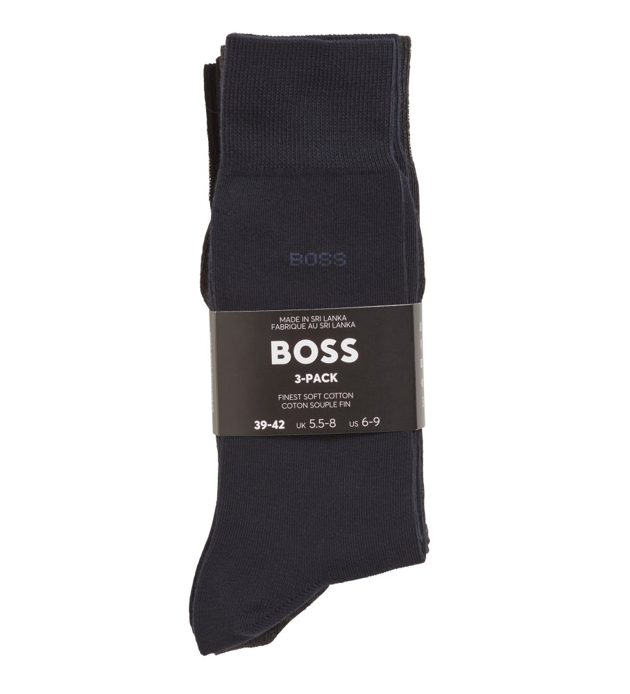 Pacote com 3 pares de meias BOSS nas cores preto, azul-marinho e cinza.