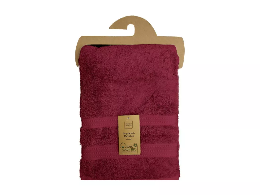 Drap de Bain 90 x 150 cm Excellence Bio Bordeaux - Eponge Unie