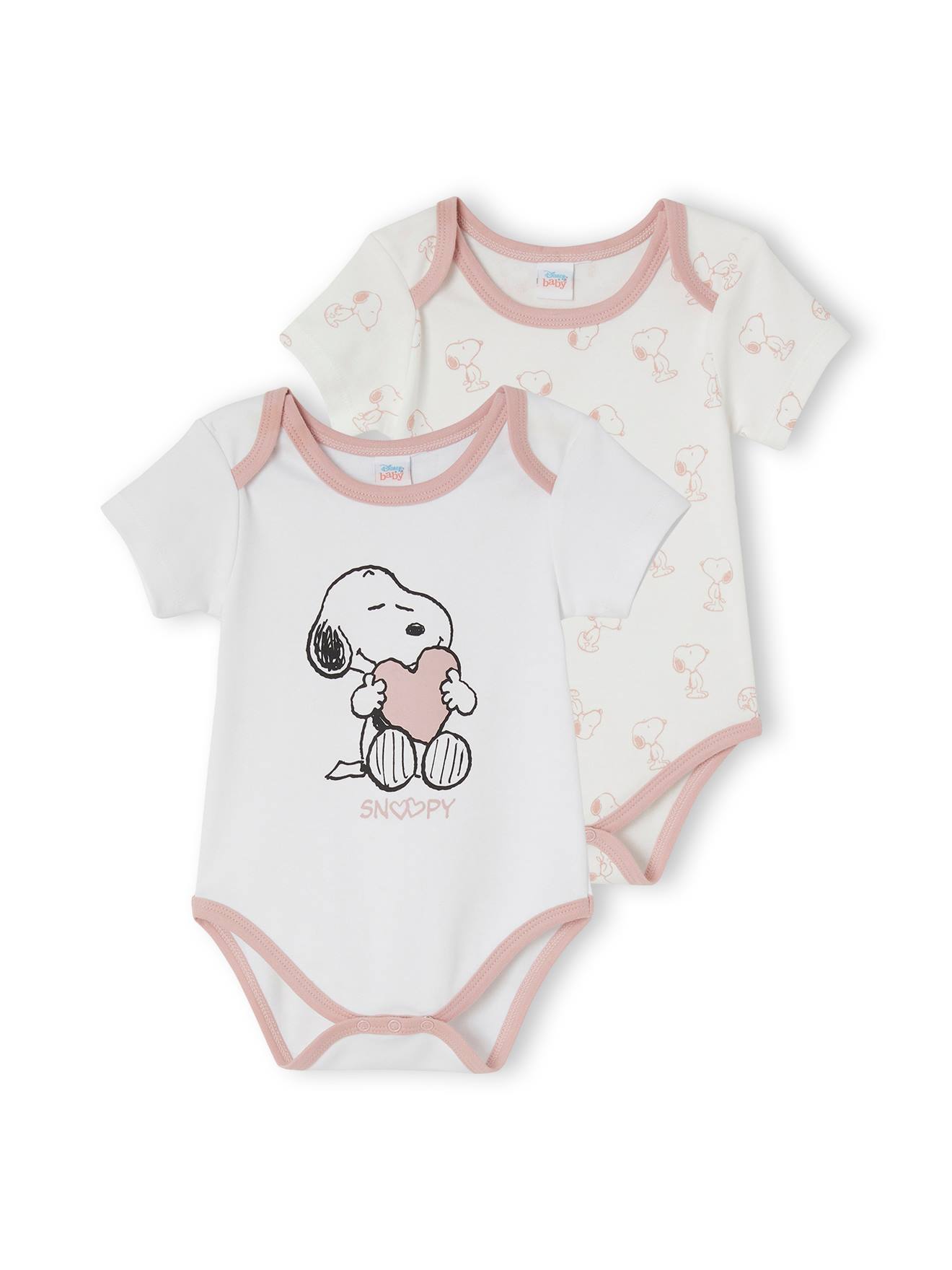 Pacote com 2 bodies de bebê Snoopy Peanuts®, branco claro, lisos com estampas.