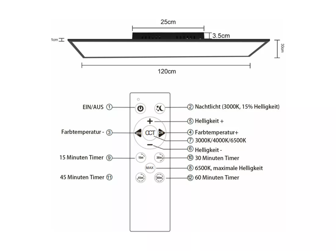 NETTLIFE Plafonnier LED 120 x 30 – Panneau de plafond à intensité variable, lampe longue lumière du jour, bureau plat avec télécommande, 40 W