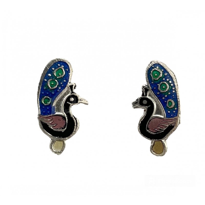 Clou d'oreille paon en argent et émail