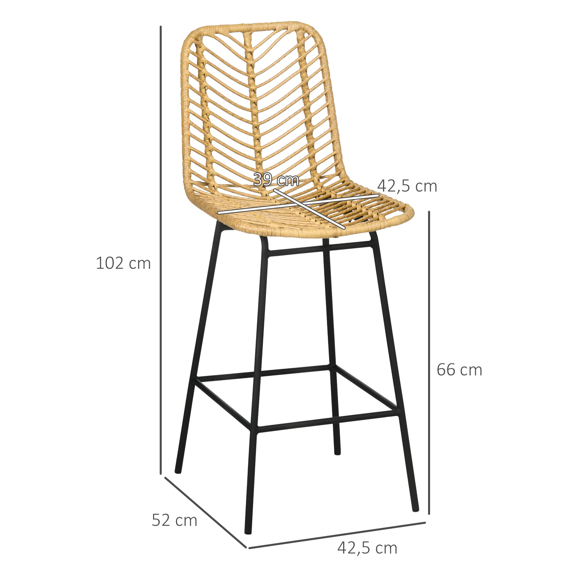 HOMCOM Barhocker mit Rückenlehne schwarz, natur 42,5L x 52B x 102H cm
