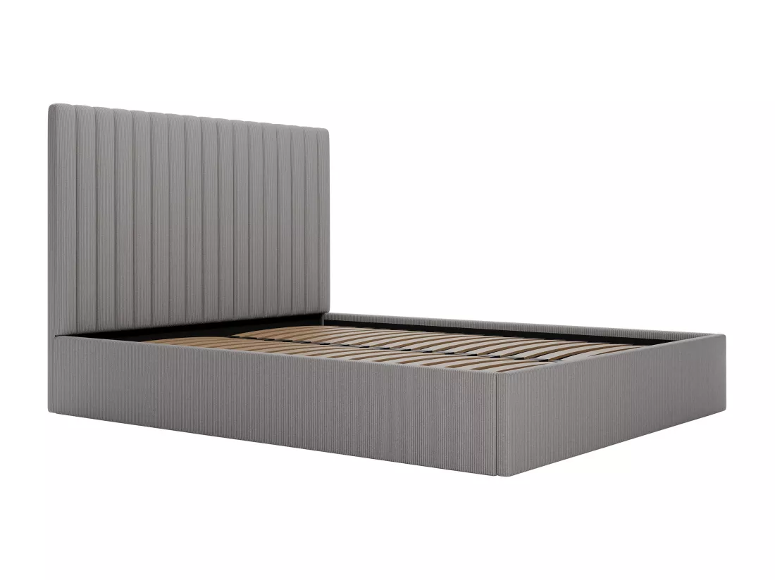 Lit coffre 140 x 190 cm avec tête de lit coutures verticales - Velours côtelé - Gris - SARAH