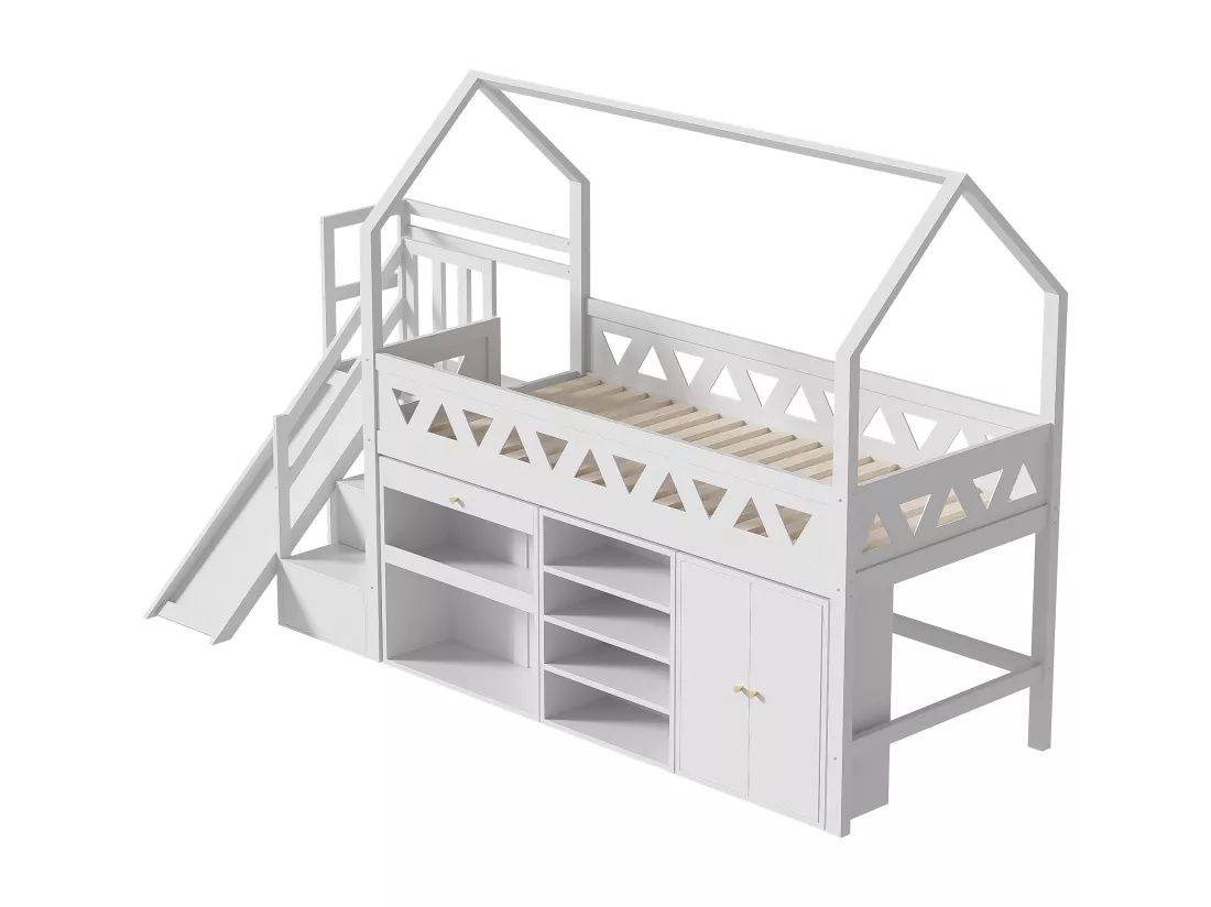 Lit mezzanine multifonctionnel en bois et MDF - 90x200 cm - avec toboggan, escalier et casiers - Blanc(sans matelas)