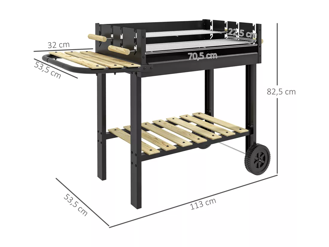 Barbecue à charbon sur pied double grille réglable 2 roues 2 étagères noir