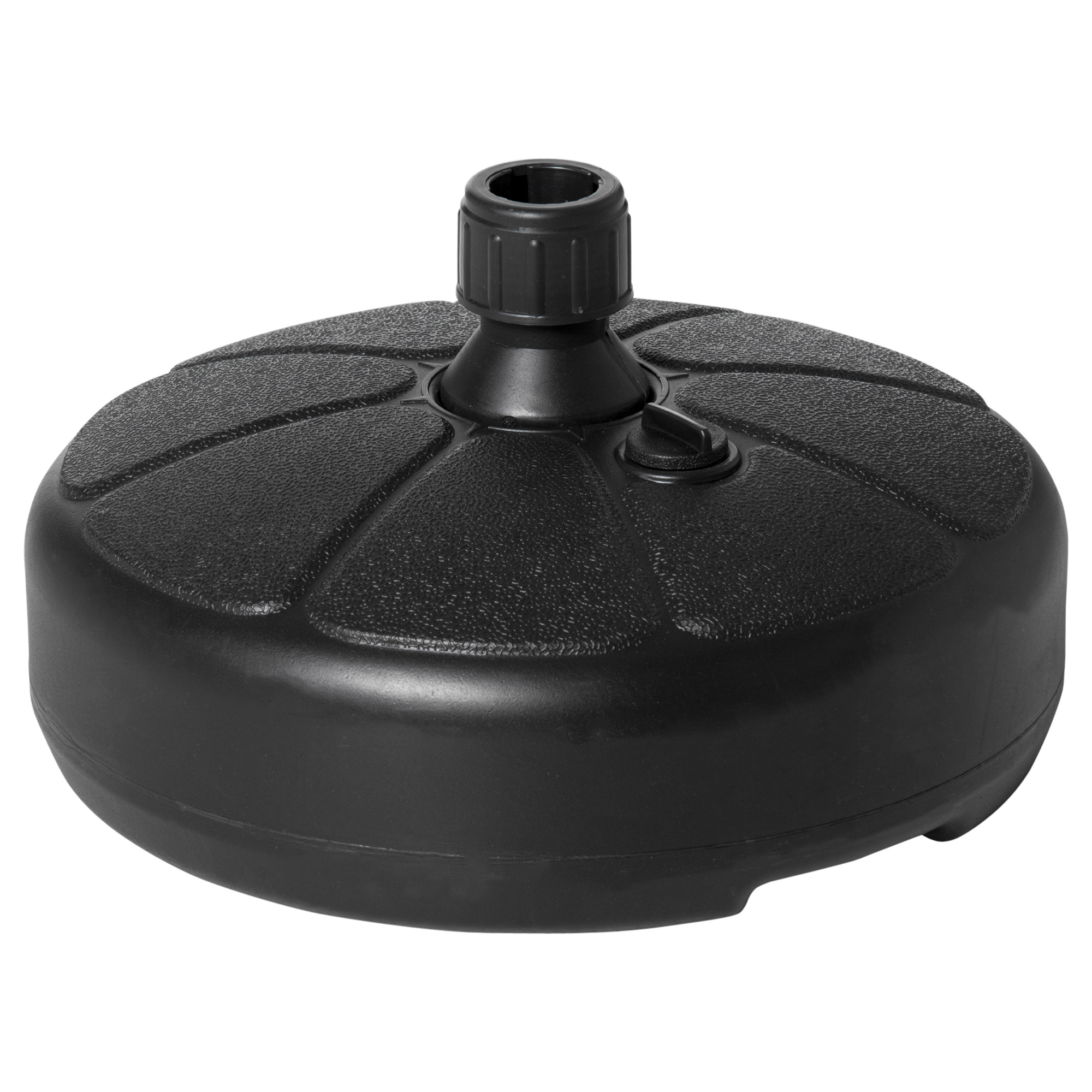 Base para guarda-sol Outsunny, preenchível com água (13 kg) ou areia (19 kg), redonda, adequada para mastros de Ø32-38 mm, para jardim, pátio e terraço, Ø38x21,5 cm, preta.