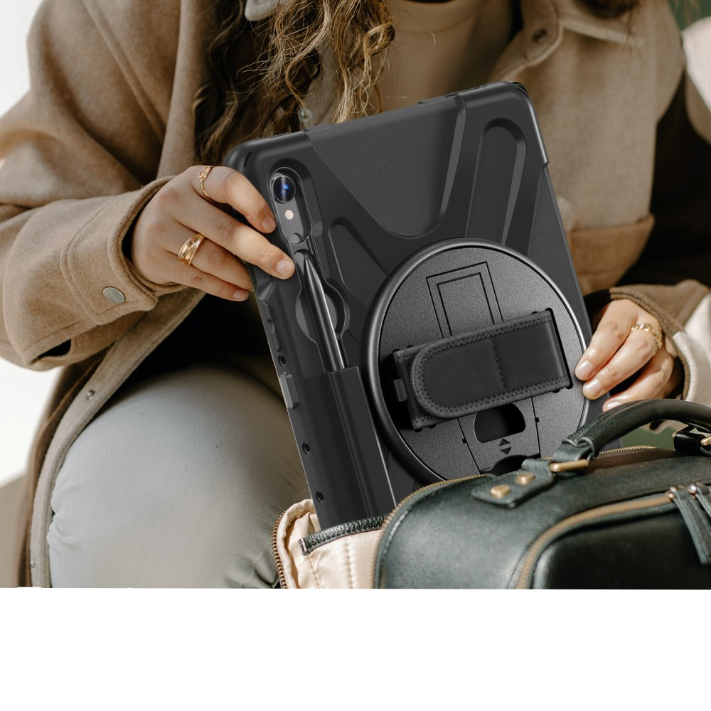 Samsung Galaxy Tab S10 Lite / S10 FE / Tab S9 FE / S9 Hybrid Outdoor Silikon Case Hülle mit Aufsteller und Handschlaufe - Schwarz