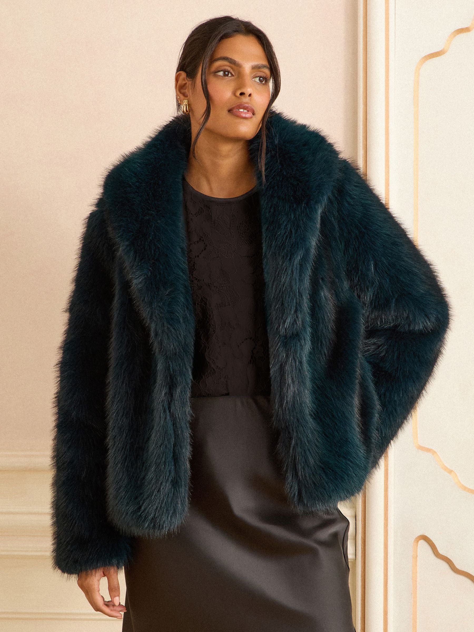 Blauwgroen - Love & Roses Shawl Collar Faux Fur Coat