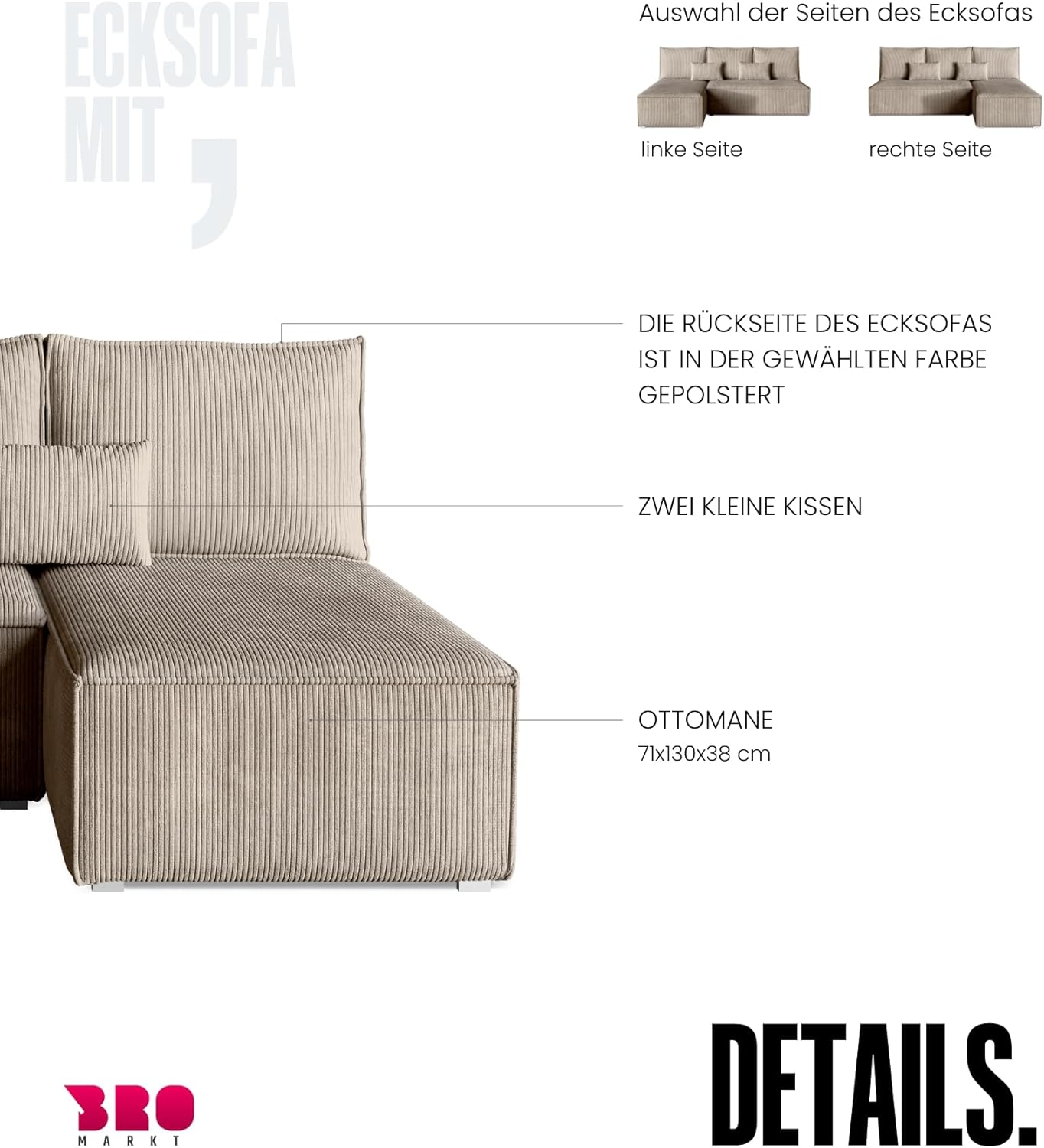 BROMARKT Ecksofa mit Schlaffunktion Sofa l Form Couch mit Bettkasten Wohnzimmer Möbel Cord Schlafsofa Wohnlandschaft Sofa 3 sitzer TOP 200x85x145 cm Beige