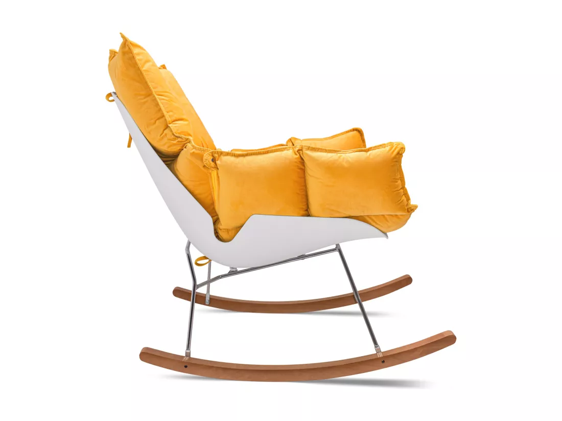 Santiago - Fauteuil à bascule design en Pp et bois de pin. Fauteuil à bascule Delia en velours jaune avec coussin rembourré et matelassé