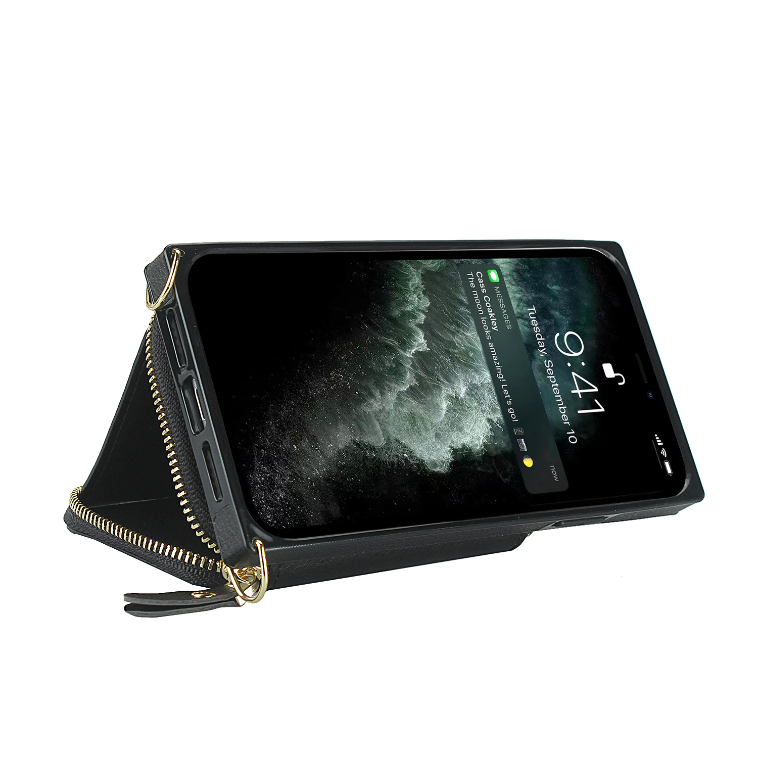 iPhone 11 Necklace Leder Schutz Hülle mit Kartenfächer   Handykette (140cm) - Schwarz