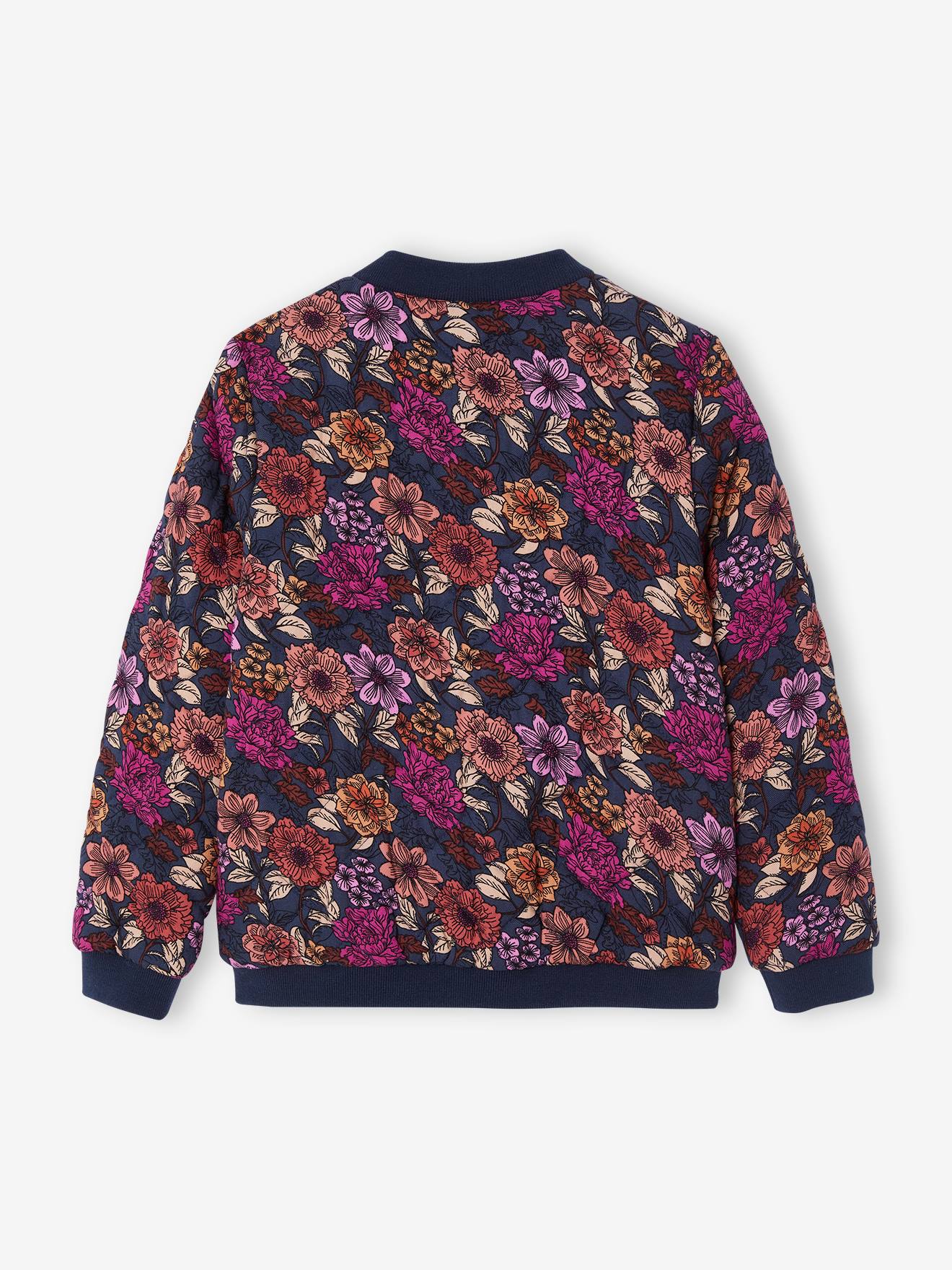 Jaqueta bomber acolchoada azul-escura com estampa floral para meninas