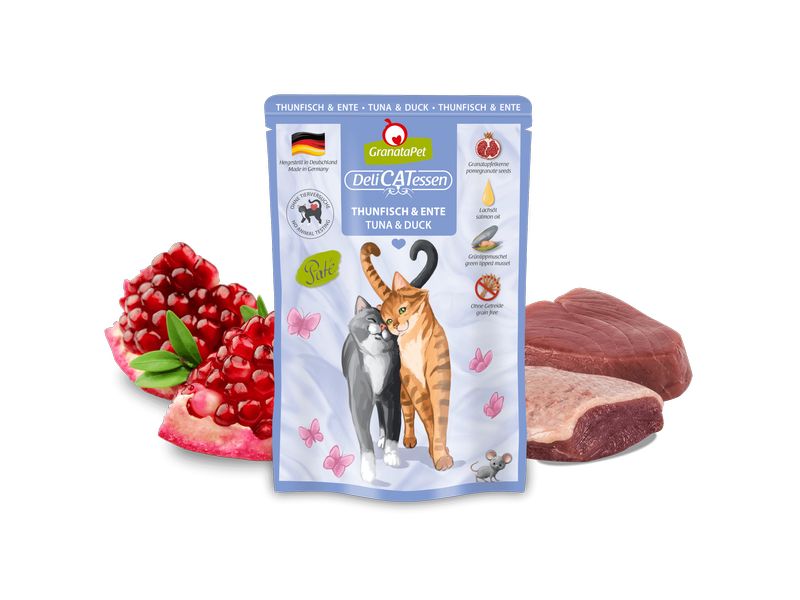 GranataPet Nassfutter DeliCATessen Thunfisch & Ente 85 g Alleinfuttermittel für ausgewachsene Katzen