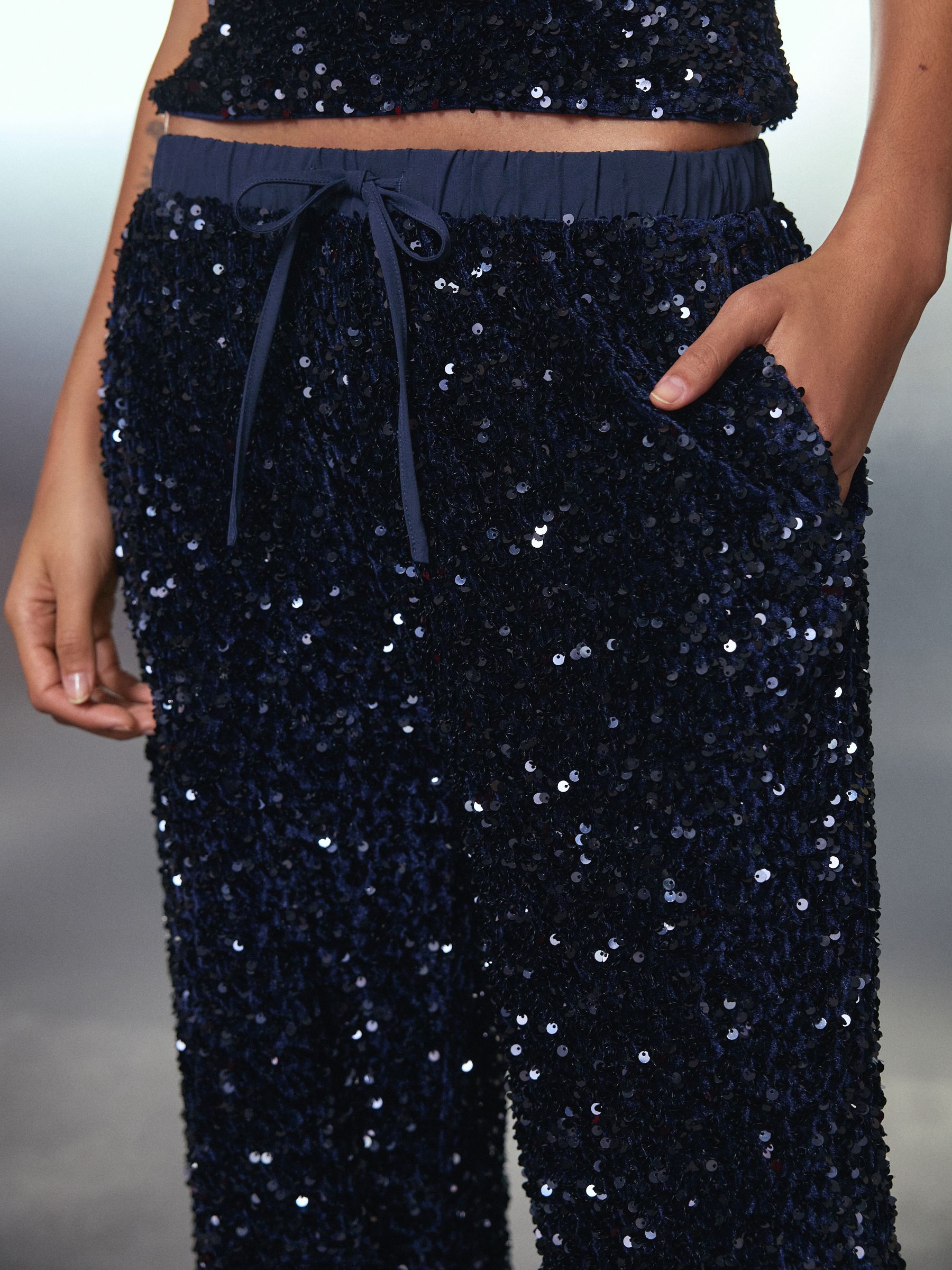 Donkerblauw - Fluwelen broek met wijde pijpen en lovertjes