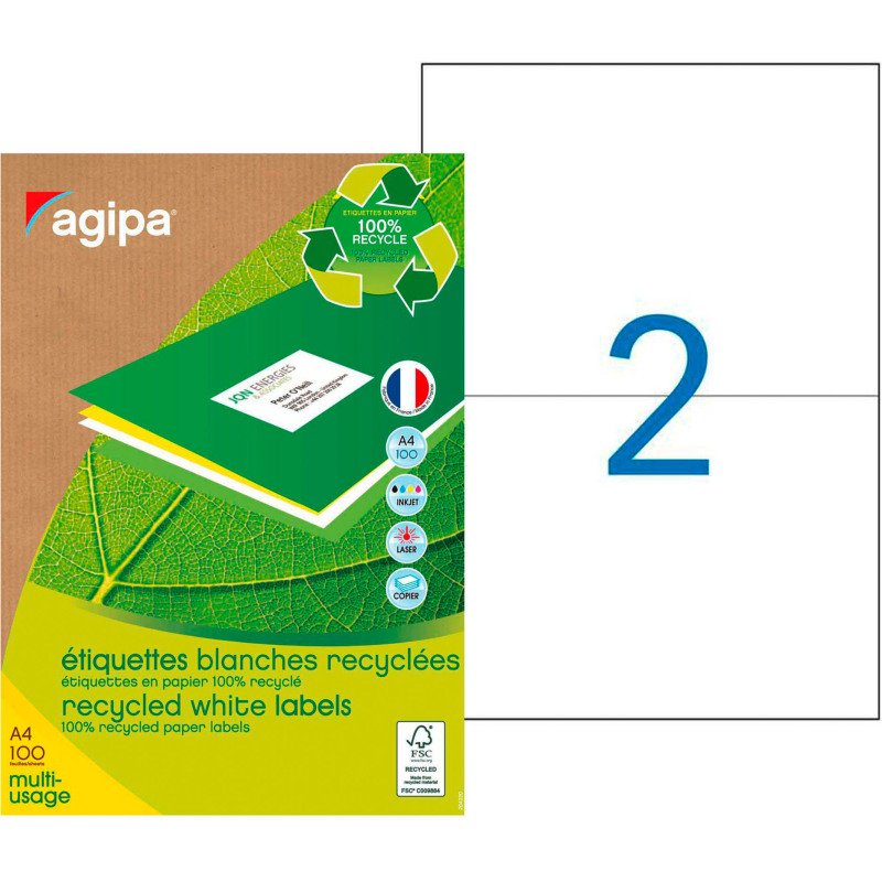 Etiquette adresse recyclée 210 x 148,5 mm Agipa 101194 blanches multi-usage - Boîte de 200