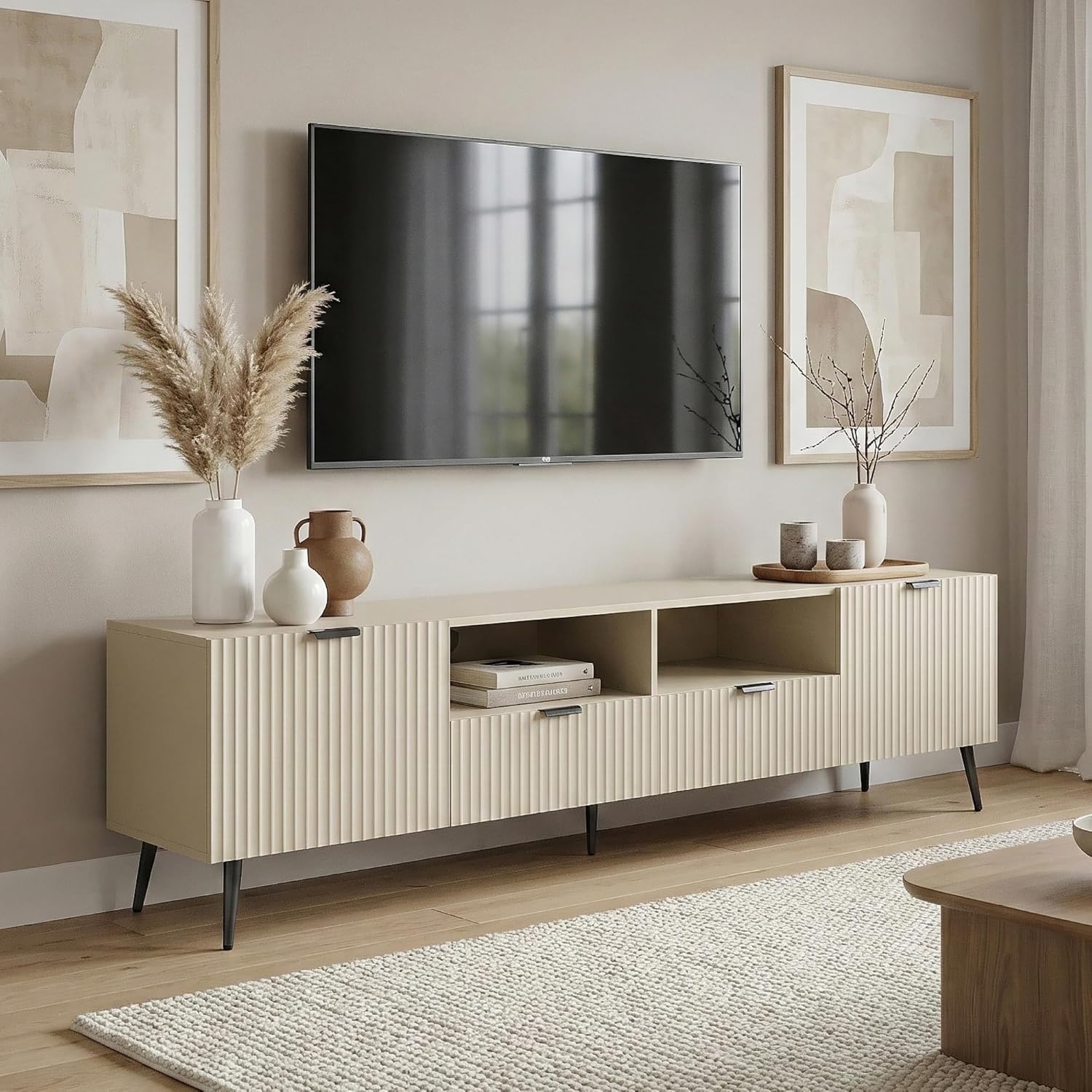 [en.casa] TV Schrank Nand Lowboard mit 2 Türen geriffelt Fernsehschrank mit 2 Schubladen 180 x 40 x 51 cm Sideboard Kommode Fernsehtisch Sandfarben