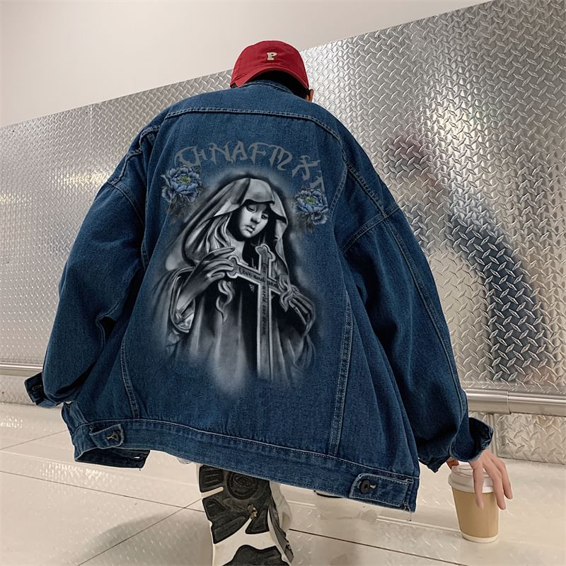 Bay Go Mall - Gewassen denimjack met kraag en kruisprint