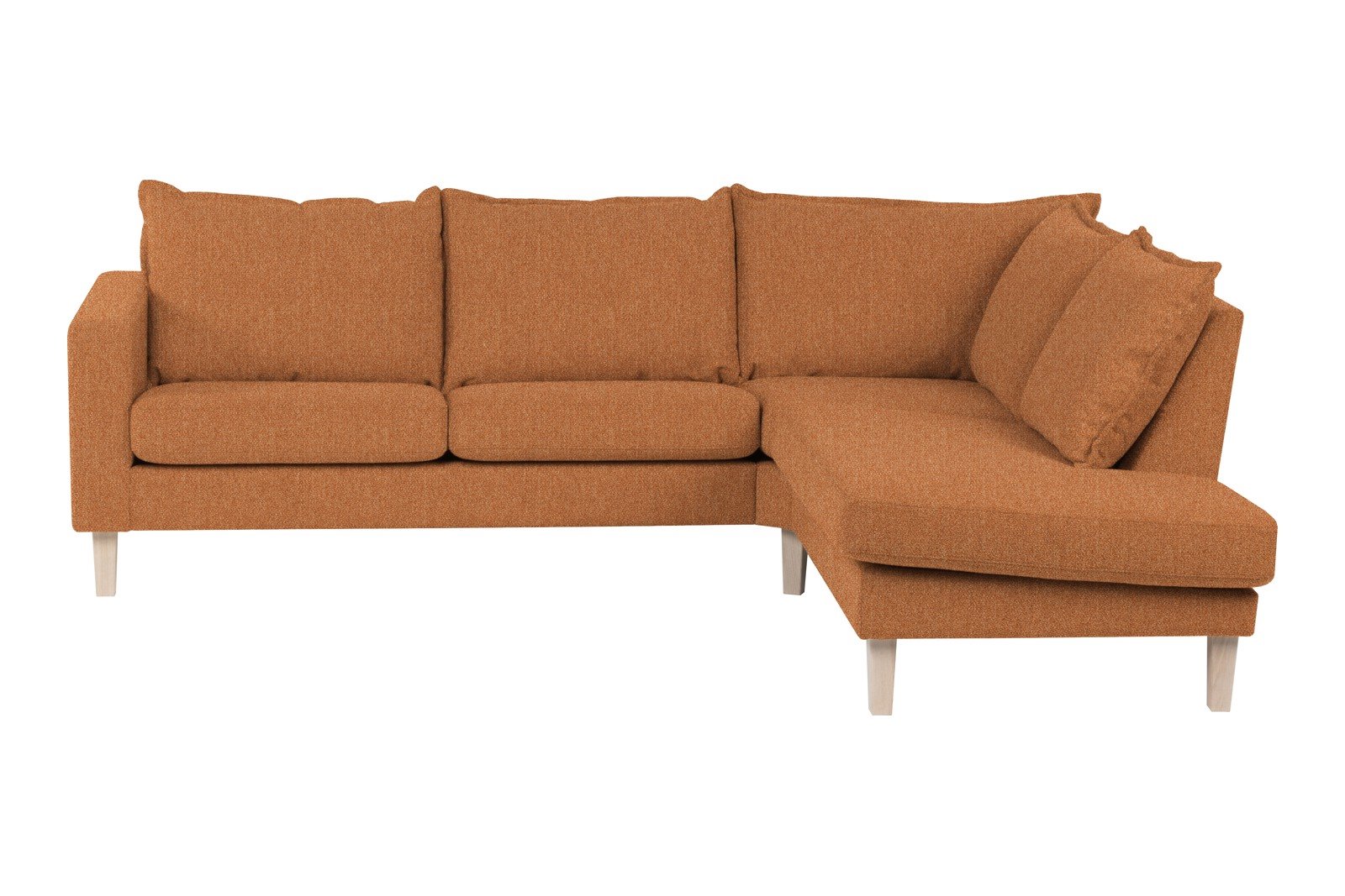 Slogen hjørnesofa Oppsett AH. 2,5-seter med åpen ende høyre. Tekstil Viva Rust med soft ryggpute. Vange B og hvitpigmentert ben 178.