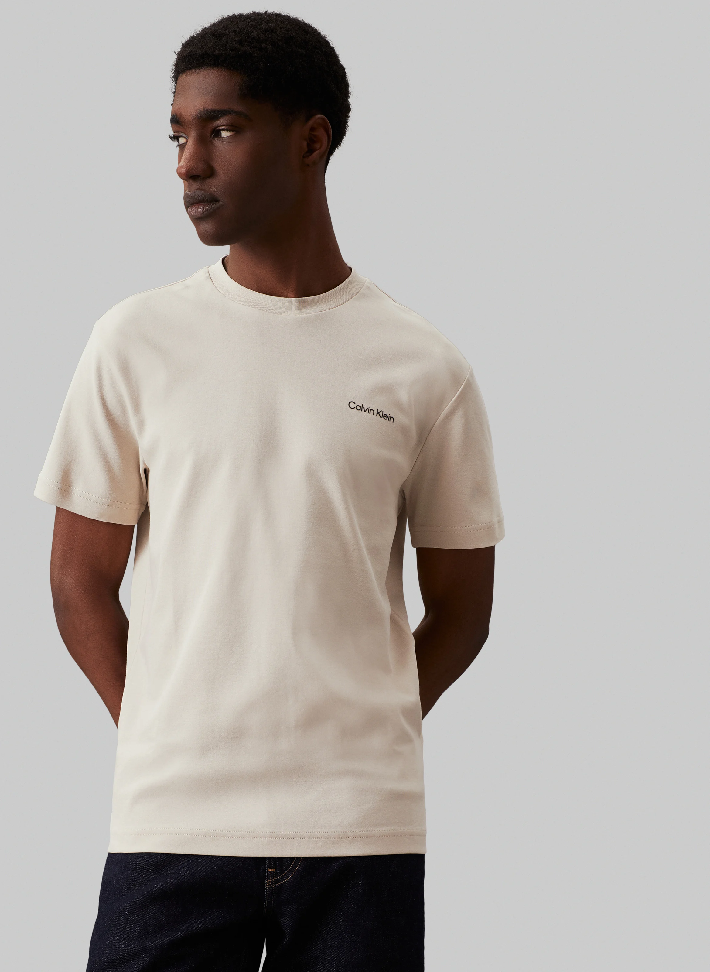 T-shirt col rond en coton bio mélangé | Beige