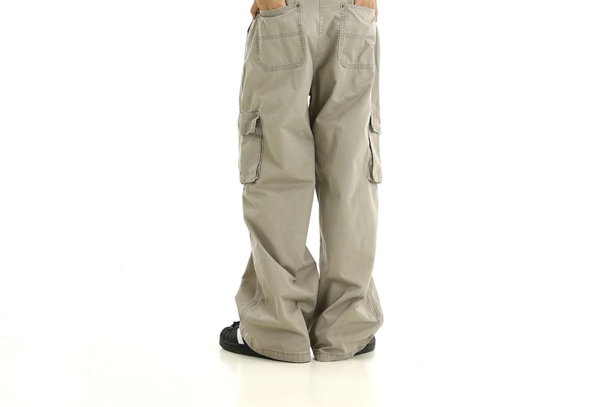 Meiksip - Mid Rise Plain Cargo Wide Leg Pants