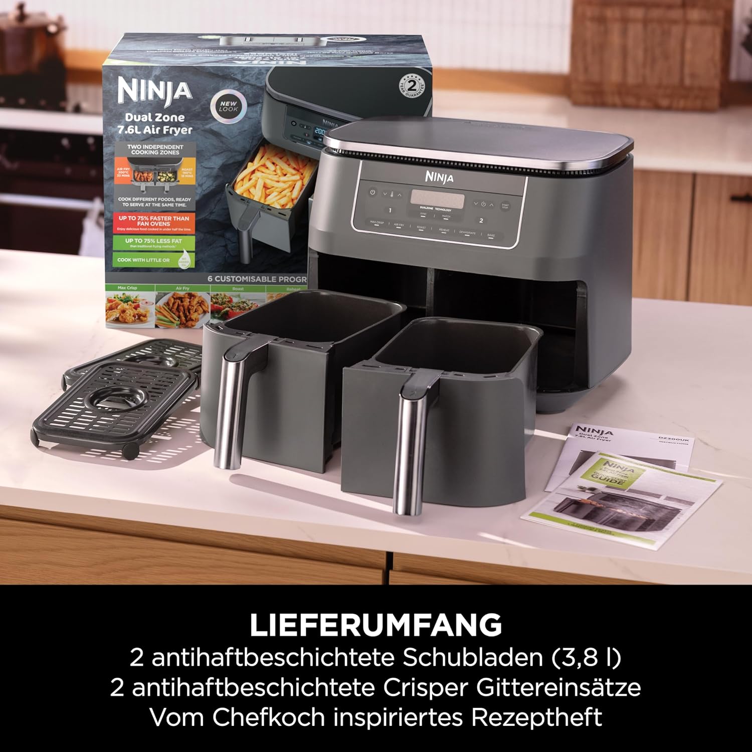 Ninja Dual Zone Digital Air Fryer, 2 Schubladen, 6-in-1, Heißluftfritteuse ohne Öl, 7,6L, Heißluft-Frittieren, Max Crisp, Rösten, Backen, Aufwärmen, Spülmaschinenfeste Körbe, Metallic Grau DZ300EU