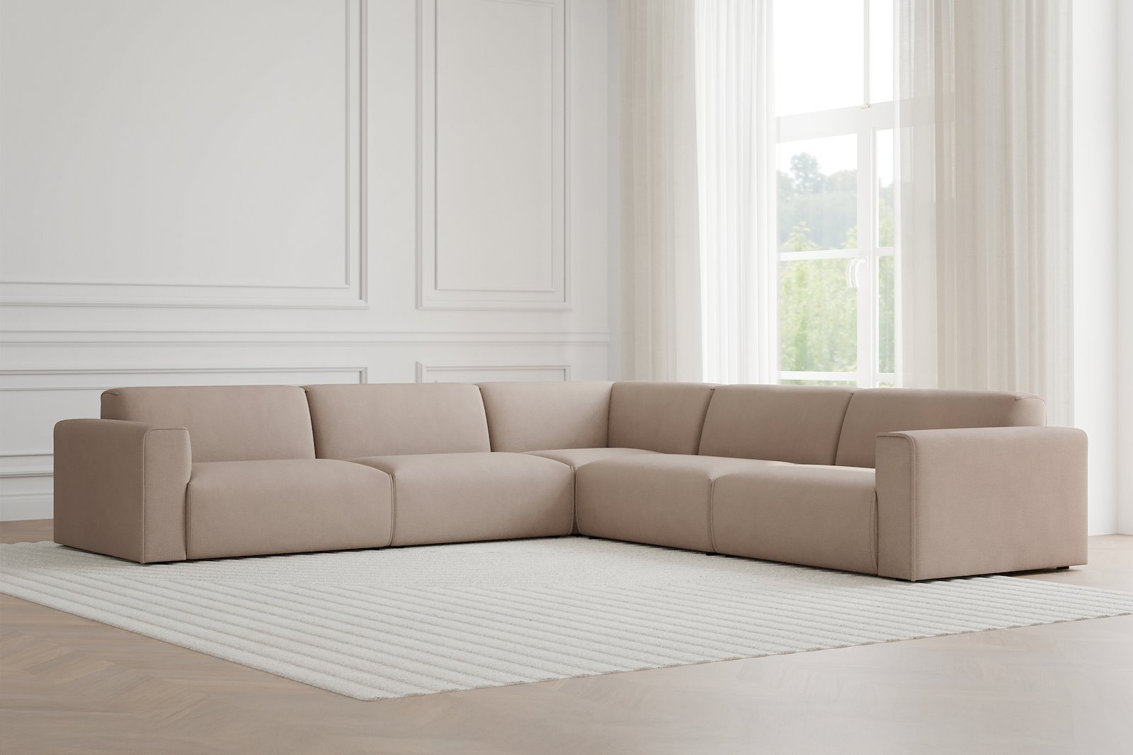 Monaco hjørnesofa 33 hjørnesofa. Tekstil Brego 34 Light Brown med sorte ben. Std komfort.