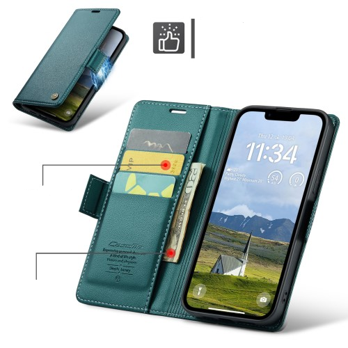 iPhone 16e Leder Tasche Flip Wallet Etui mit Kartenfächern Litchi Look (RFID Schutz) - Grün