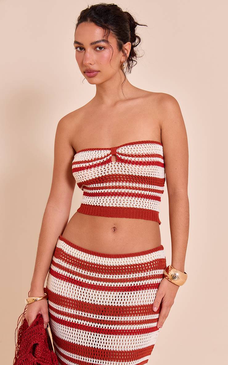 Rouille Jupe Longue Tricotée Au Crochet À Rayures