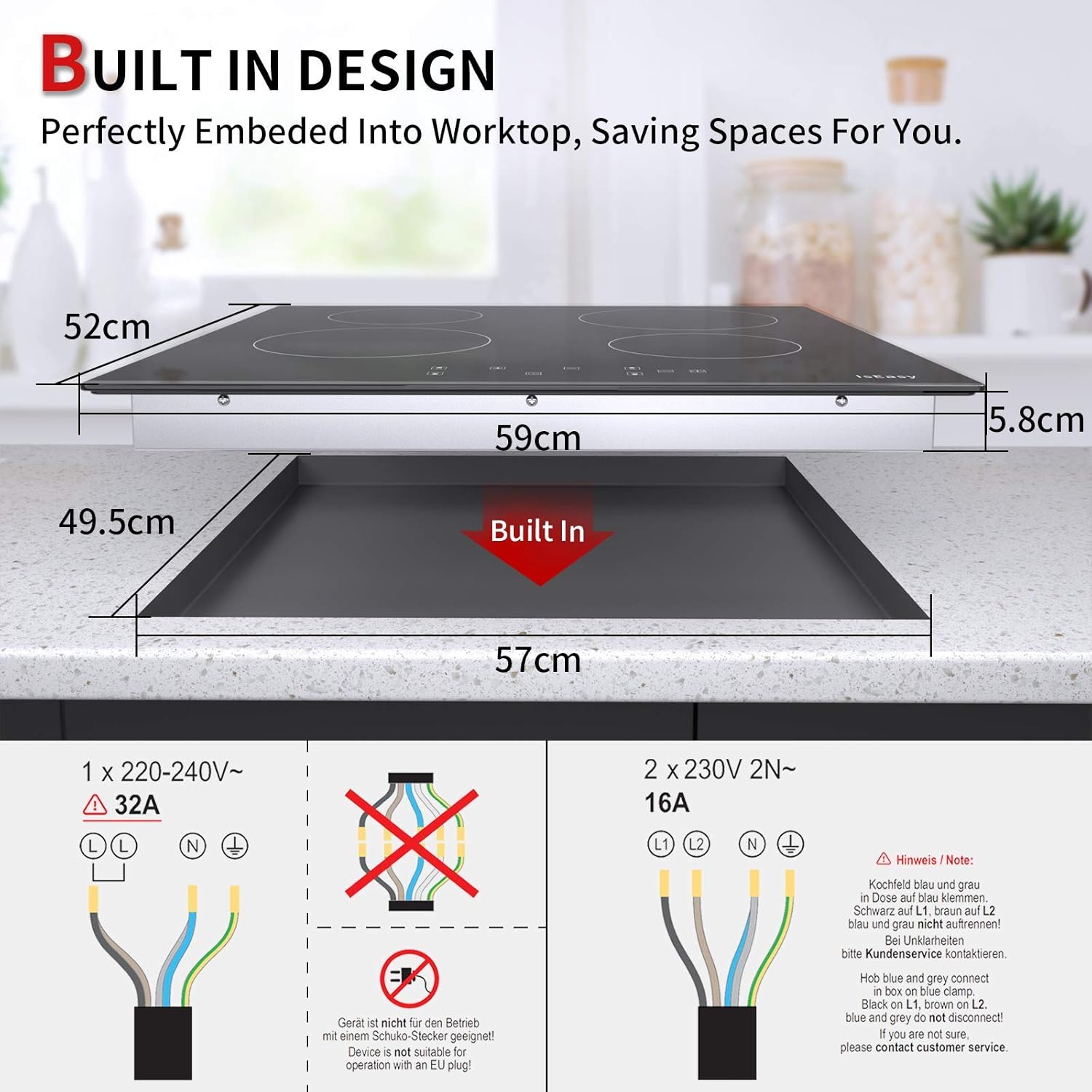 Glaskeramikkochfeld, IsEasy Glaskeramikkochfeld 4 platten, 60cm 6000W, Kochfeld mit 4 Kochzonen, Elektro Autark Eingebaut Keramikkochfeld, 9 Heizstufen, Timer, Kindersicherung, Kein Stecker