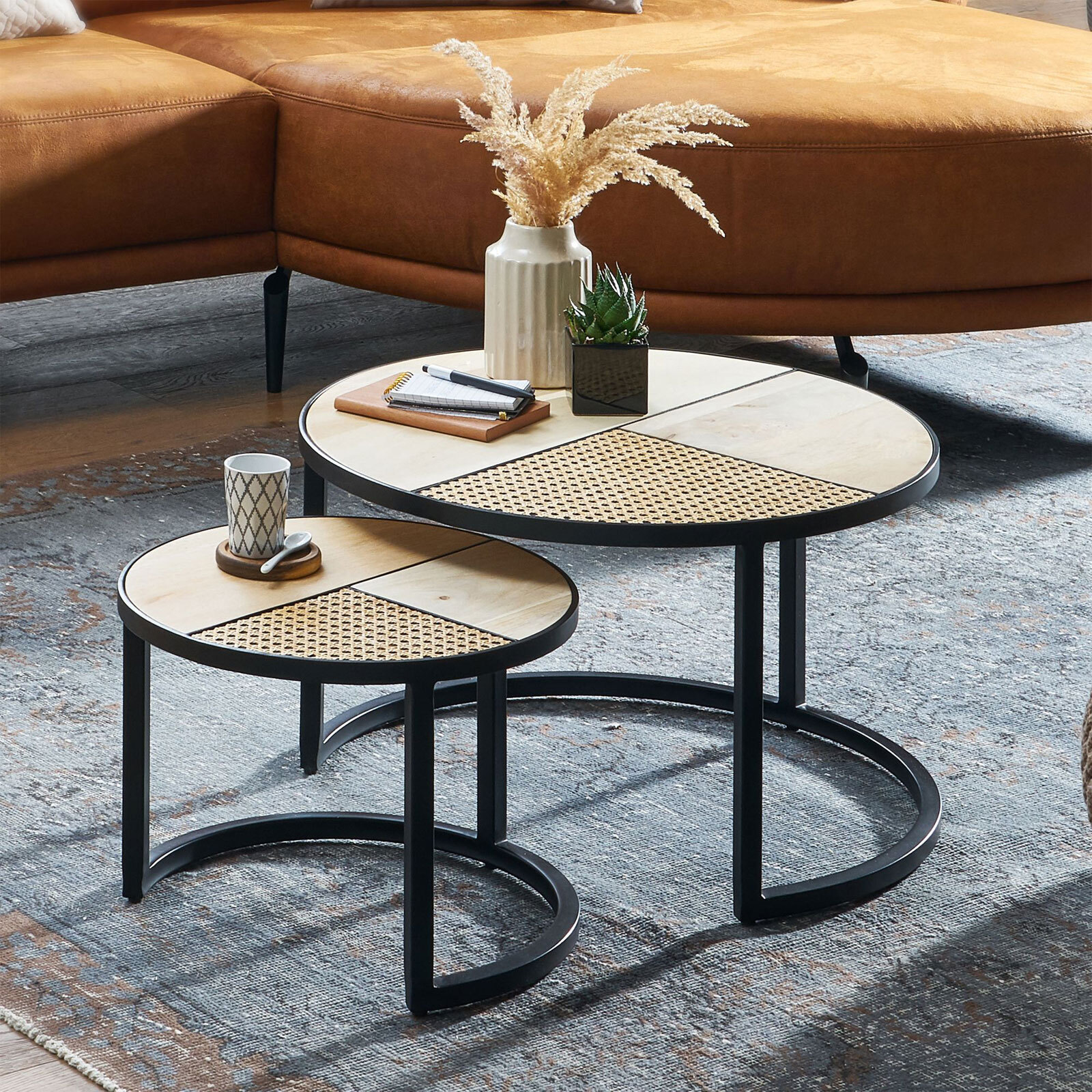 Couchtisch rund 2er Set Schwarz/ Mango massiv