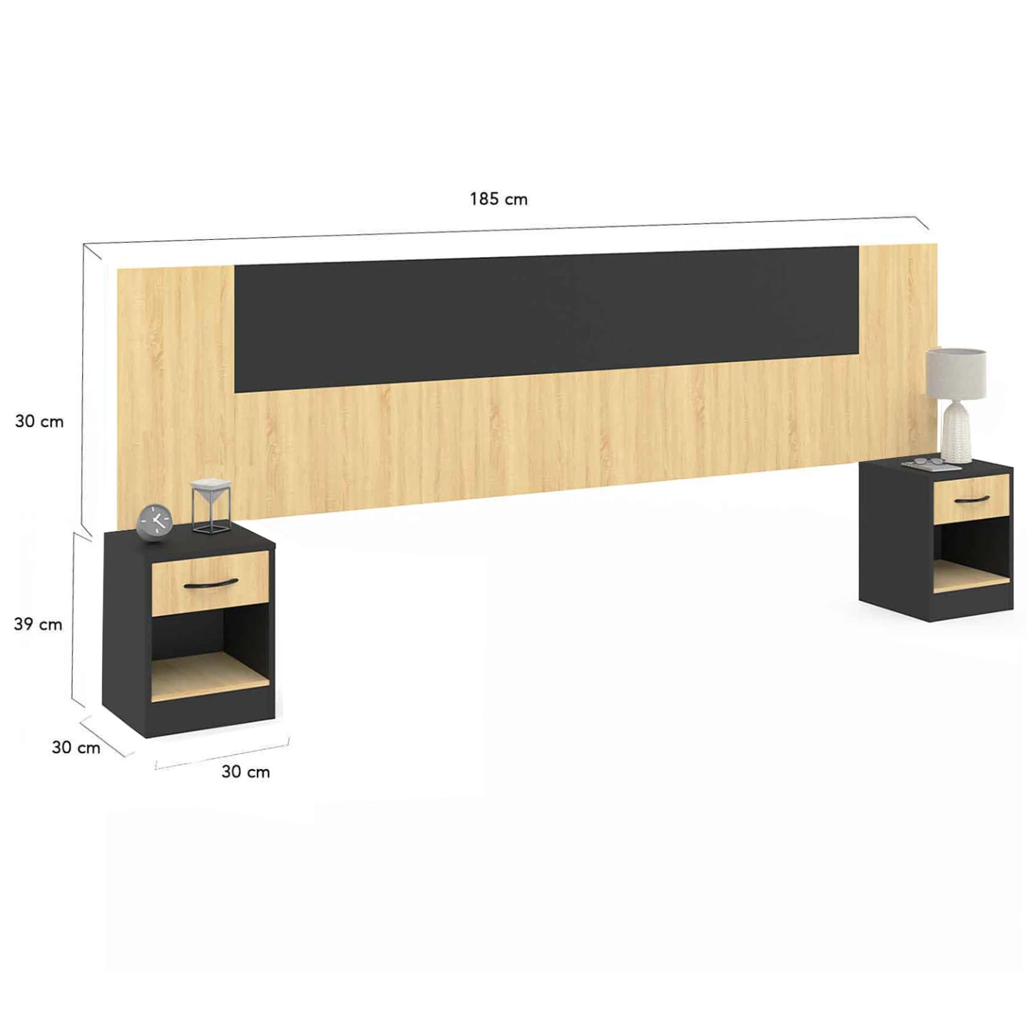Tête de lit sur pied avec chevets modulables SAPA pour lit 140, 160 ou 180 cm bois et noir
