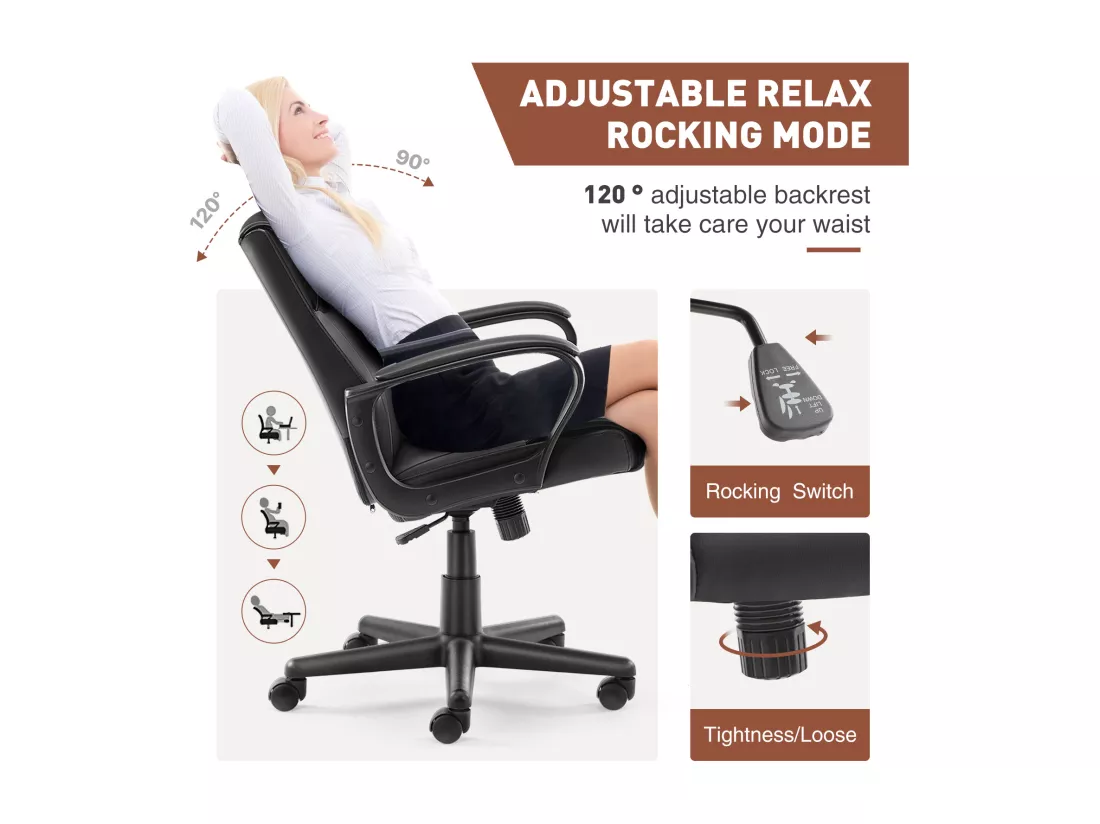 Chaise de bureau d'ordinateur avec support lombaire, réglable, accoudoir rembourré, pivotant, noir