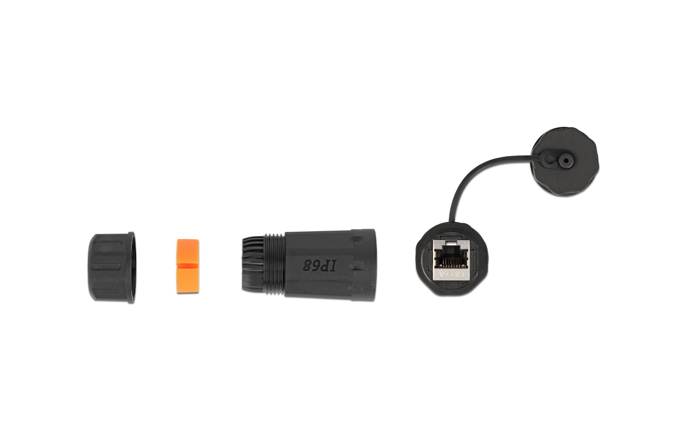 Kupplung RJ-45, Cat.6A, Orange, wasserfest, 1 StückDelock Kabelverbinder RJ45 Buchse zu RJ45 Buchse Cat.6A mit Gehäuse und Verschlusskappe wasserfest