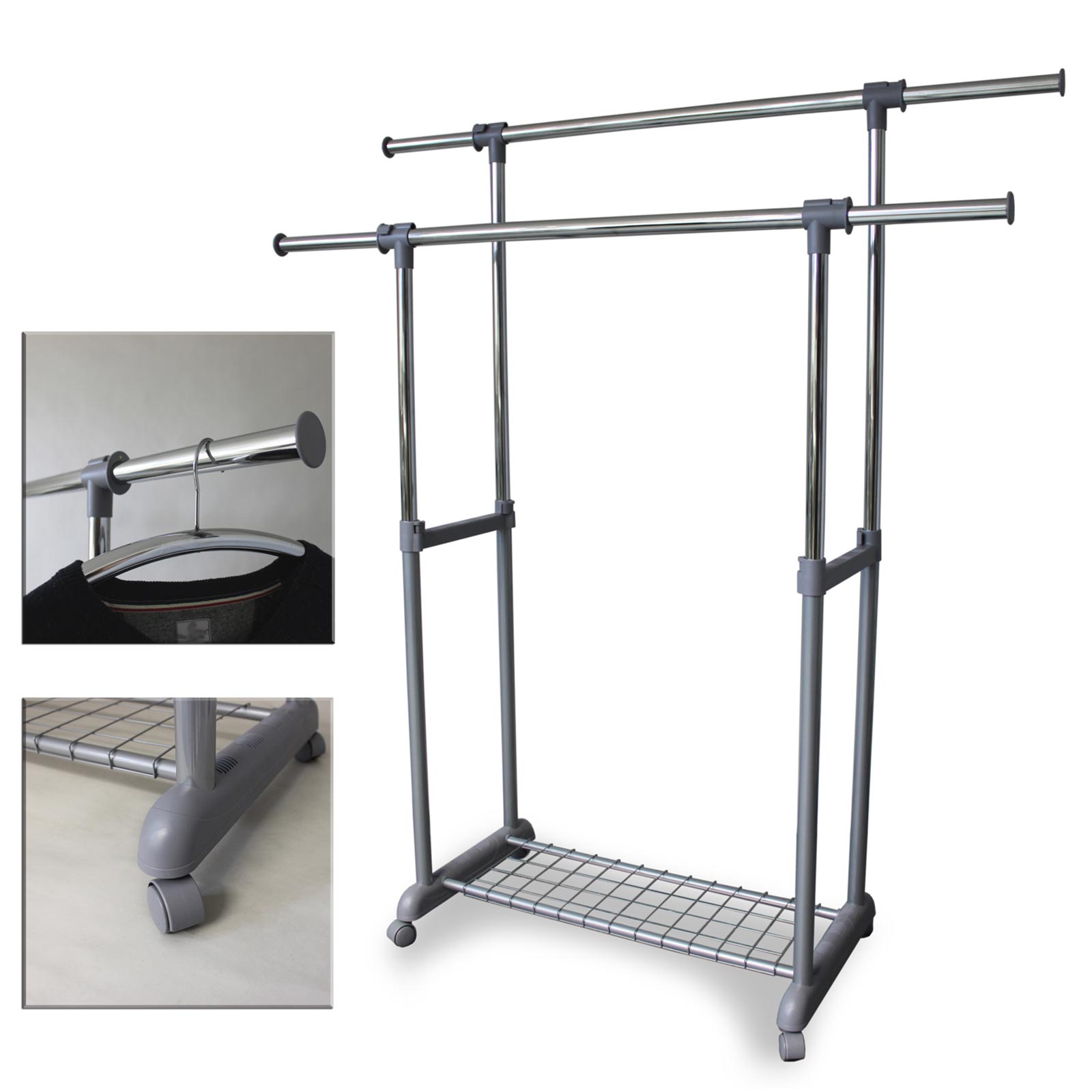 Garderobenwagen - Chrom-grau - mit Schuhablage